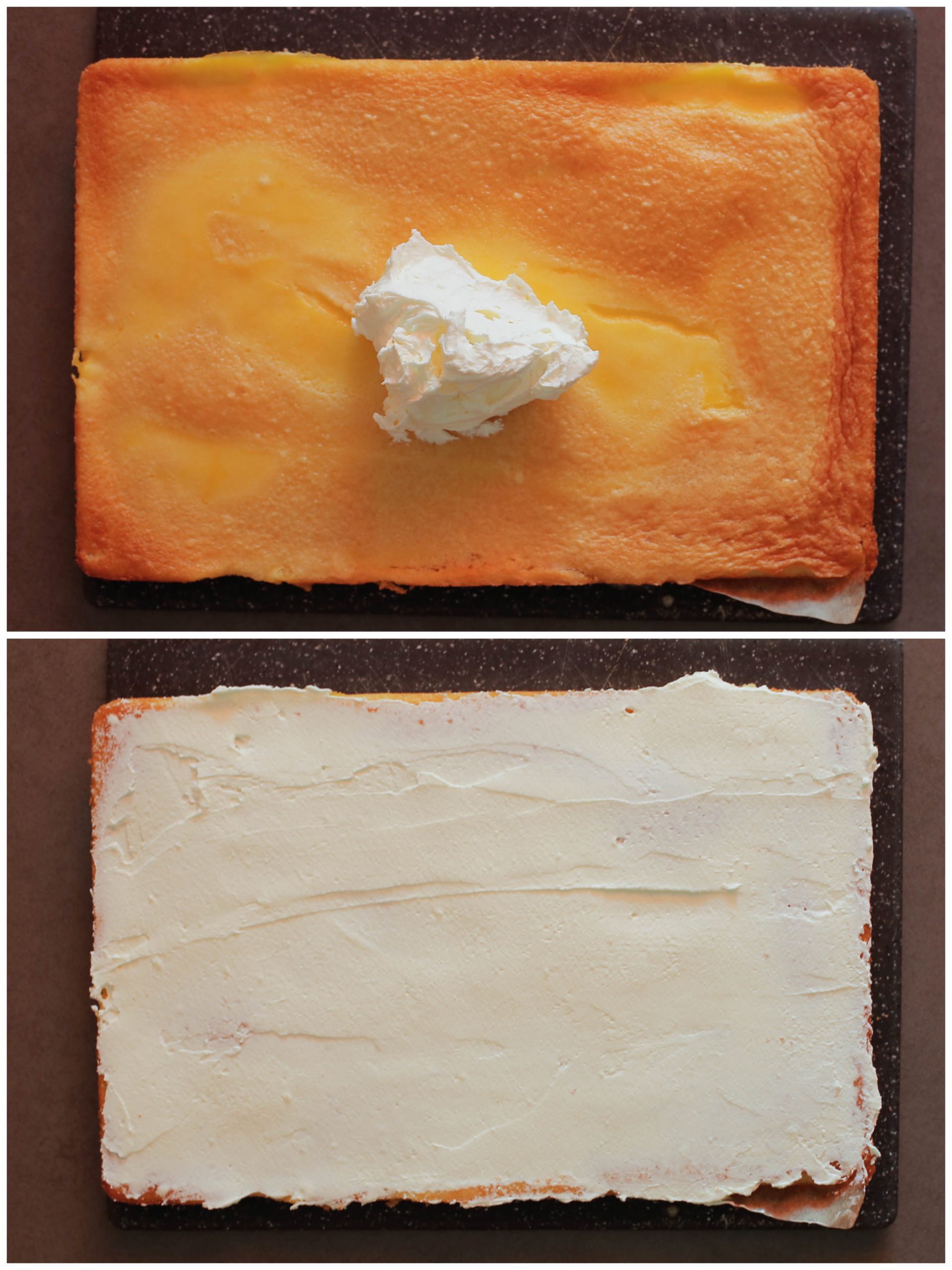 Room uitsmeren over de gevulde cake met gele room