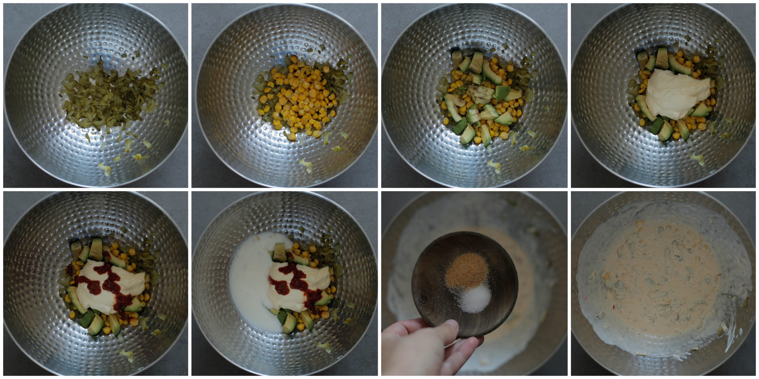Saus maken met augruk, mais, avocado, mayonaise, sambal, zout en peper
