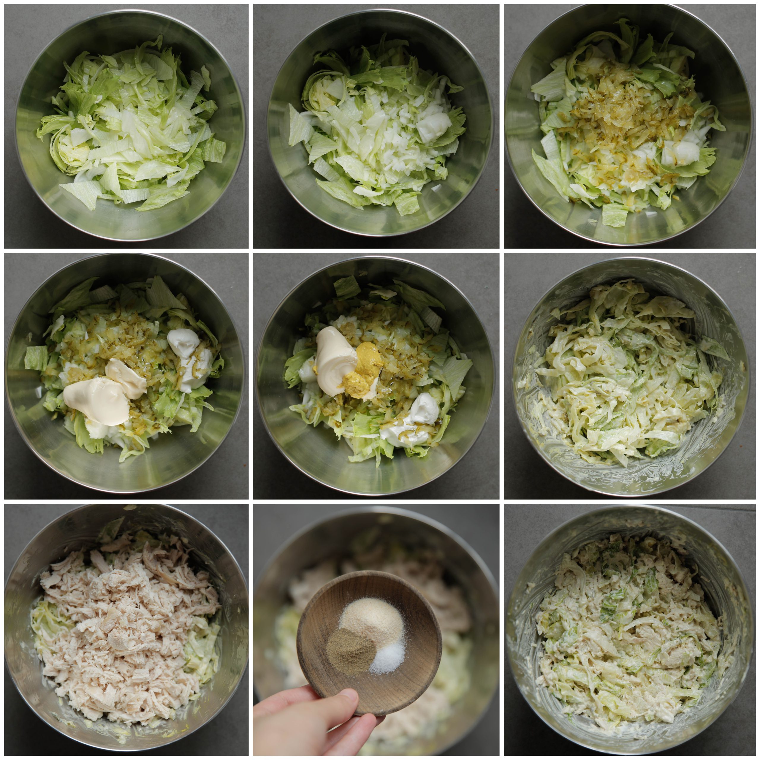 Sla, ui, augurk, mayonaise, Griekse yoghurt, mosterd mengen met geplukte kipfilet, zout, peper en uienpoeder