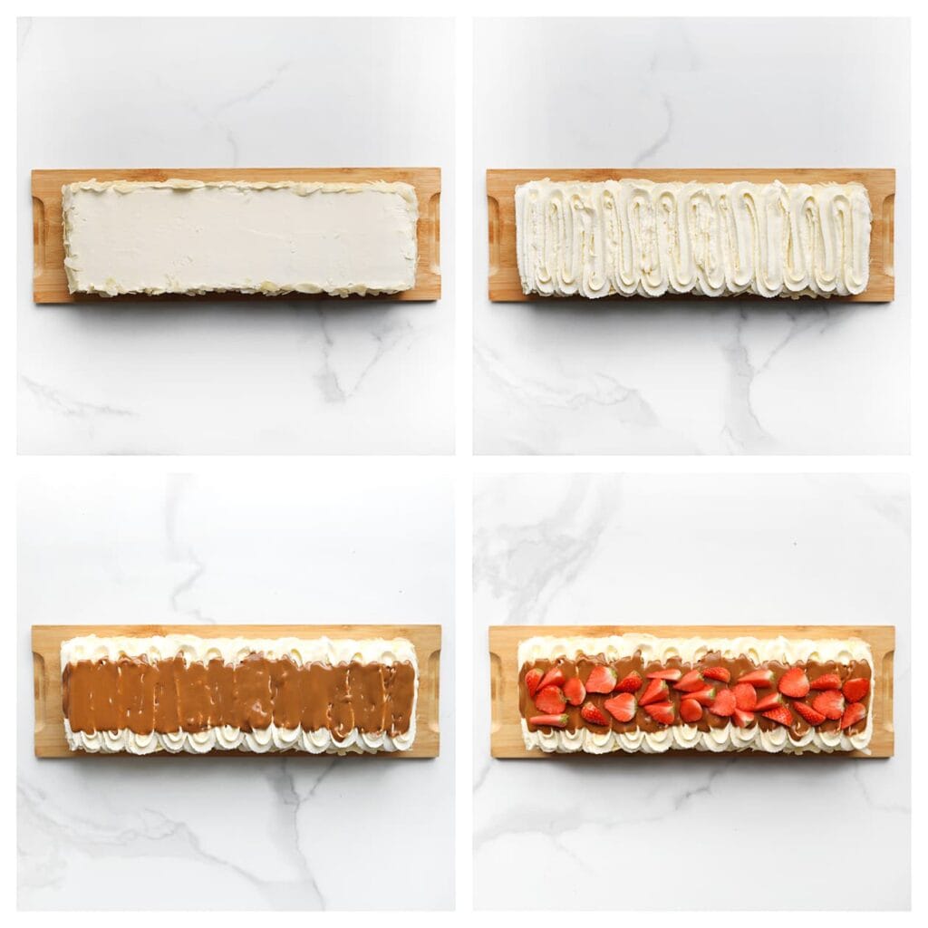 Versier de zijkanten met het witte chocoladeschaafsel. Spuit een mooi toefje room op de speculoostaart. Giet de biscoff pasta bovenop het toefje room van de speculoos taart en garneer met stukjes aardbei.