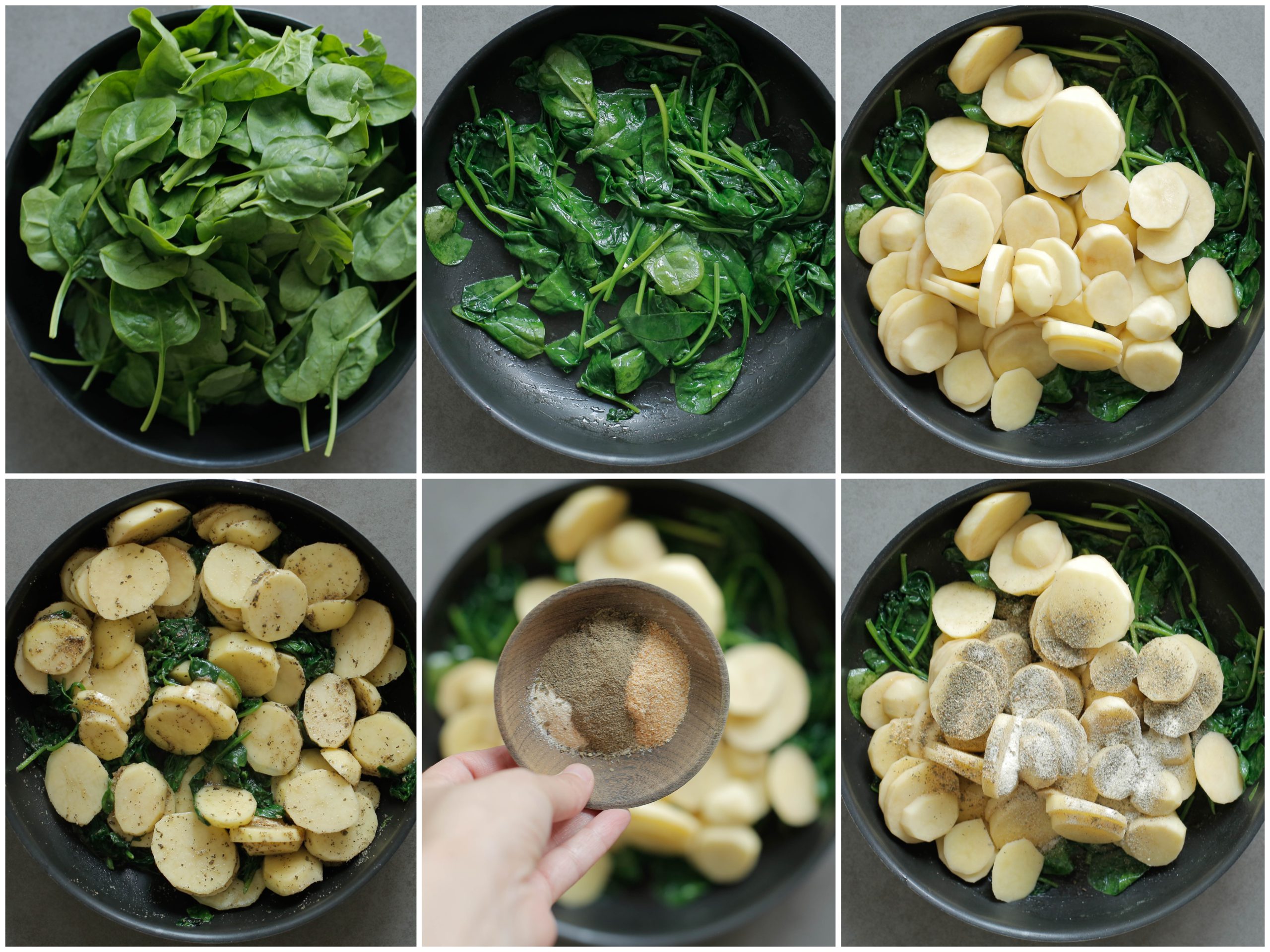 Spinazie bakken in een pan samen met de aardappelschijfjes en kruiden