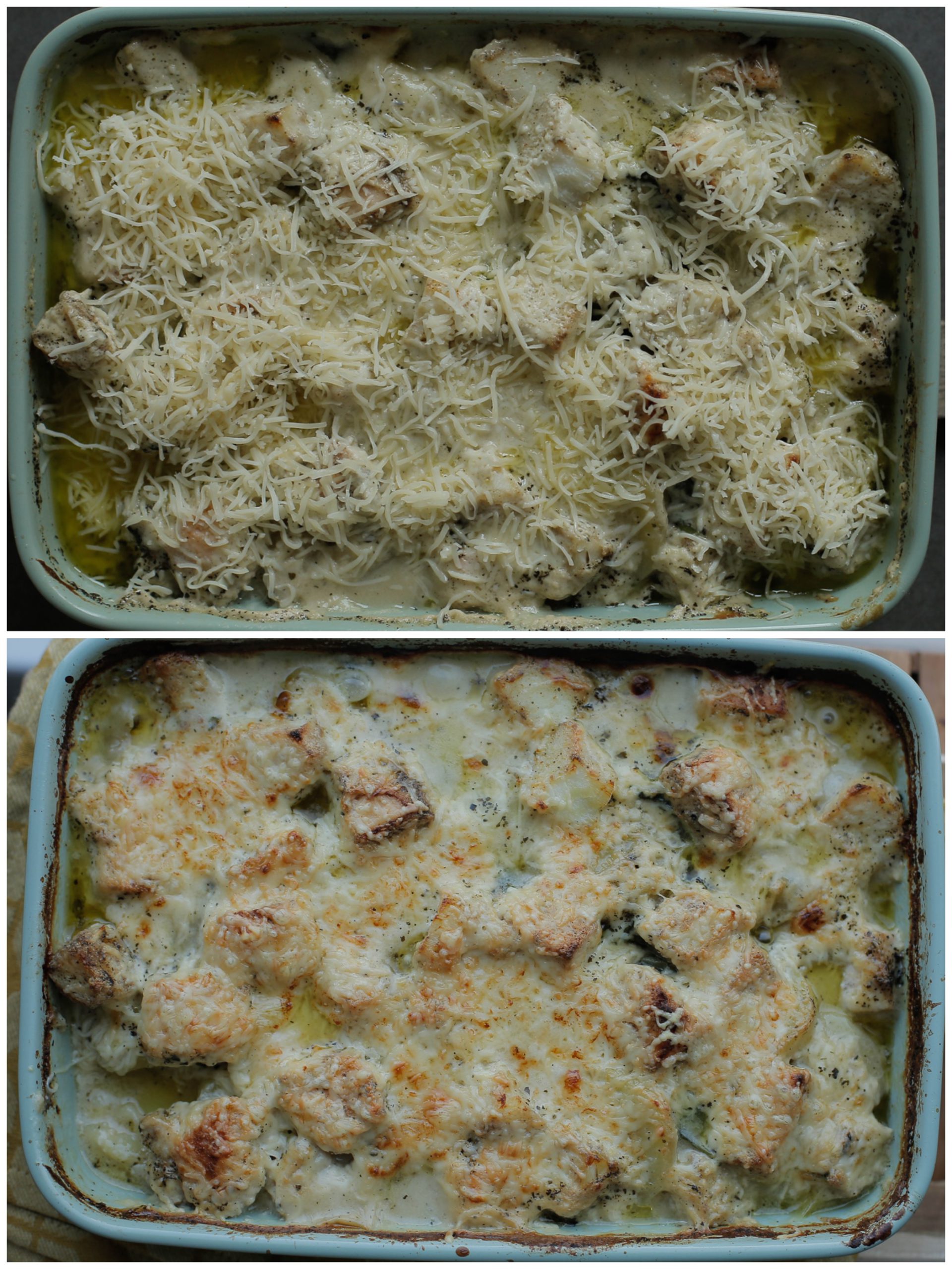 Zalm kabeljauwschotel garneren met geraspte kaas en goudbruin bakken in de oven