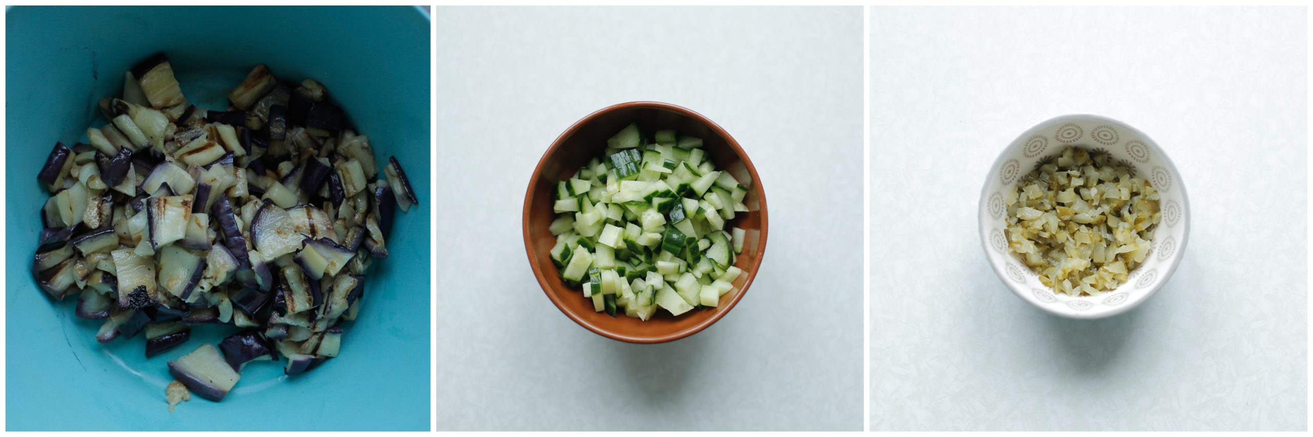 aubergine, komkommer en augurk in kleine stukken