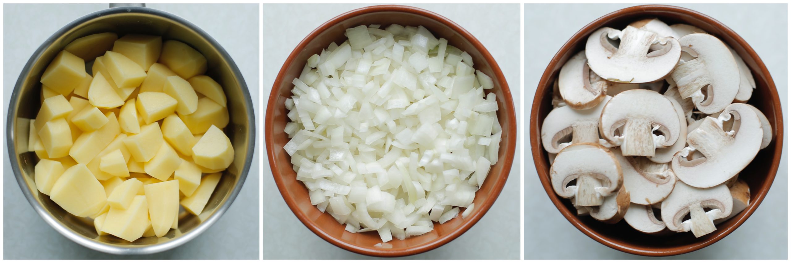 Aardappel, gele ui en kastanjechampignons