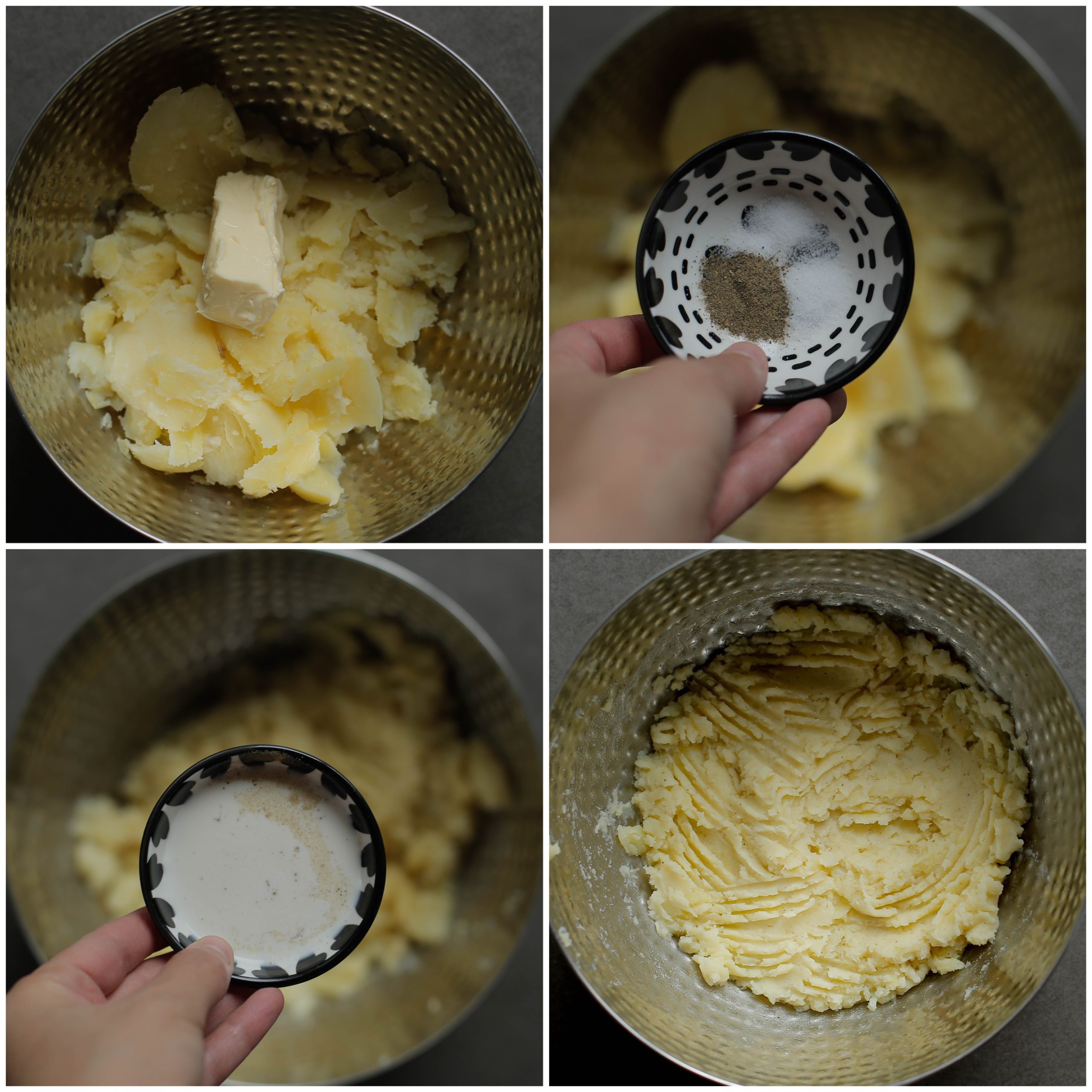 Aardappel mengen met roomboter, zout, zwarte peper en melk tot een puree