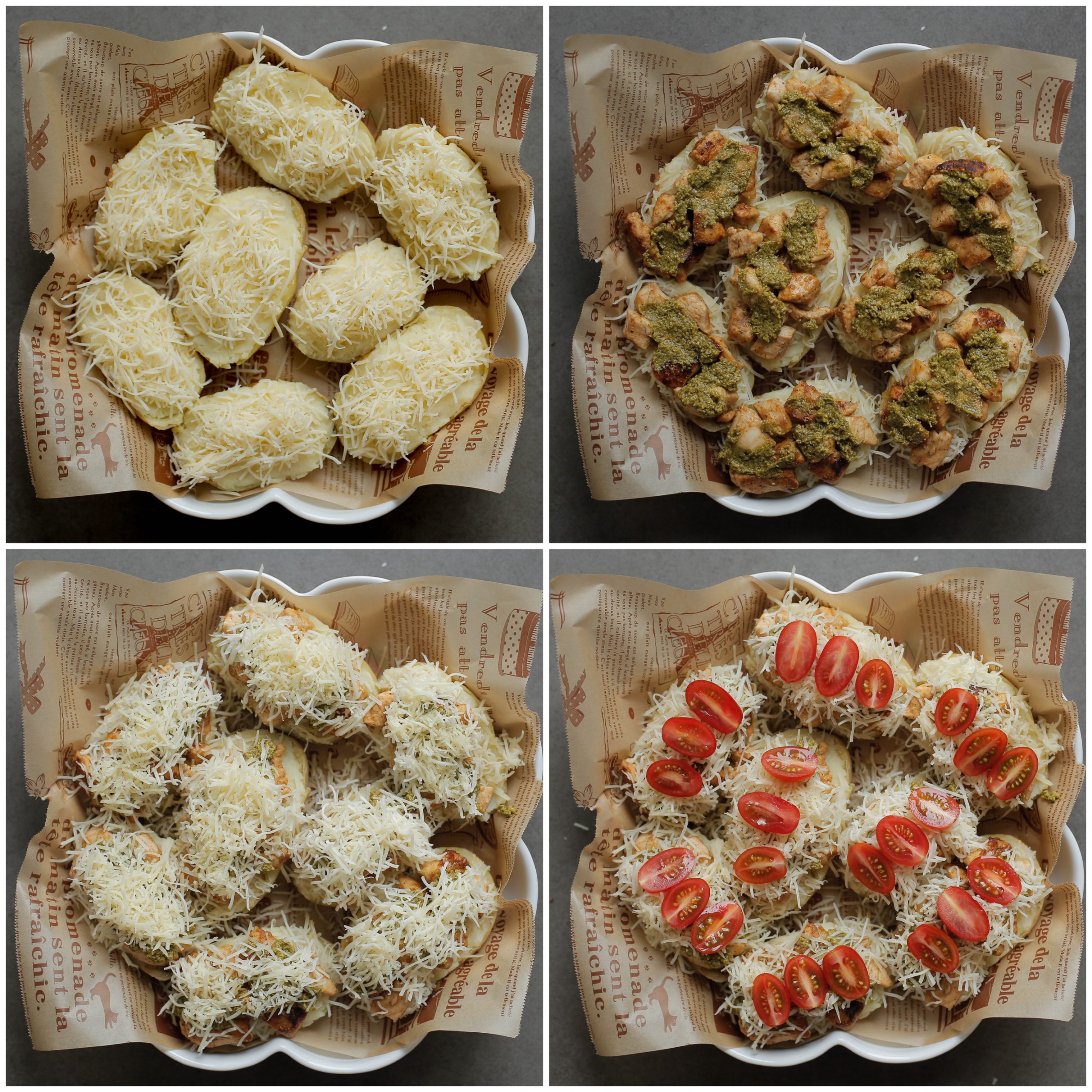 Aardappels vullem met kaas, kip, pesto en snoeptomaatjes