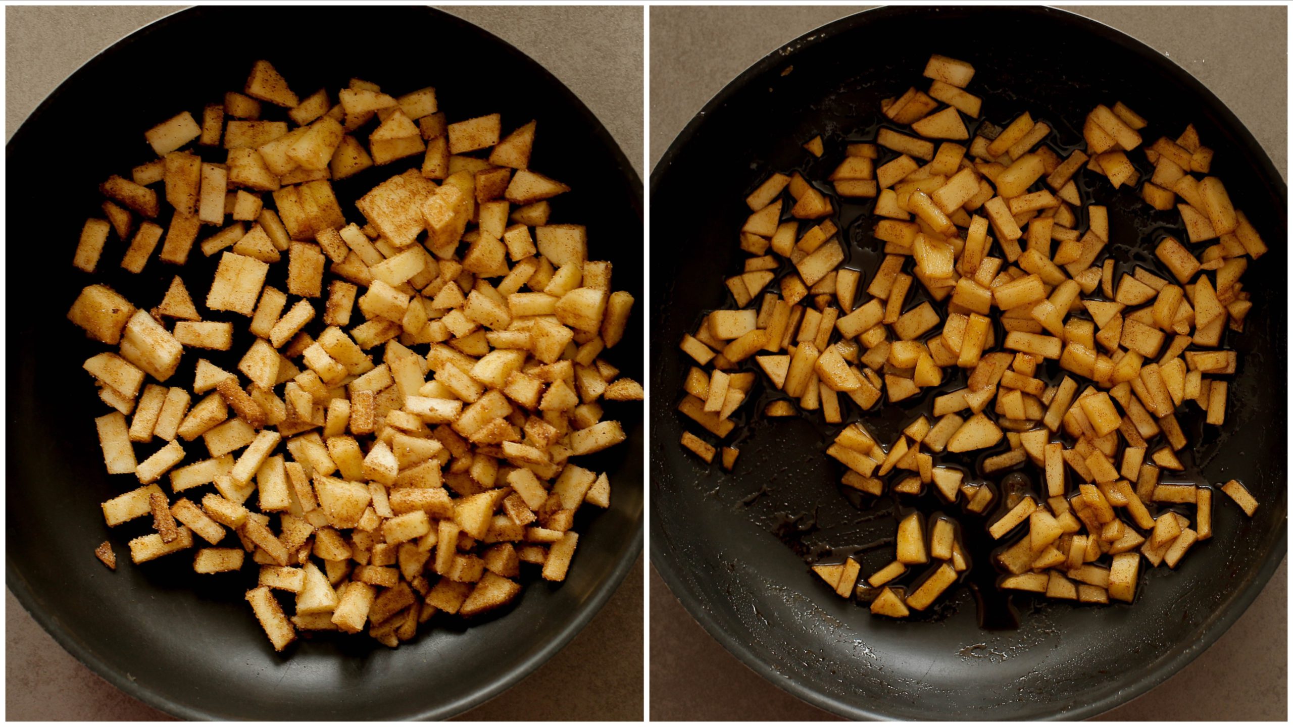 Appelmengsel bakken totdat de suiker karameliseert voor de appelkruimel cheesecakes