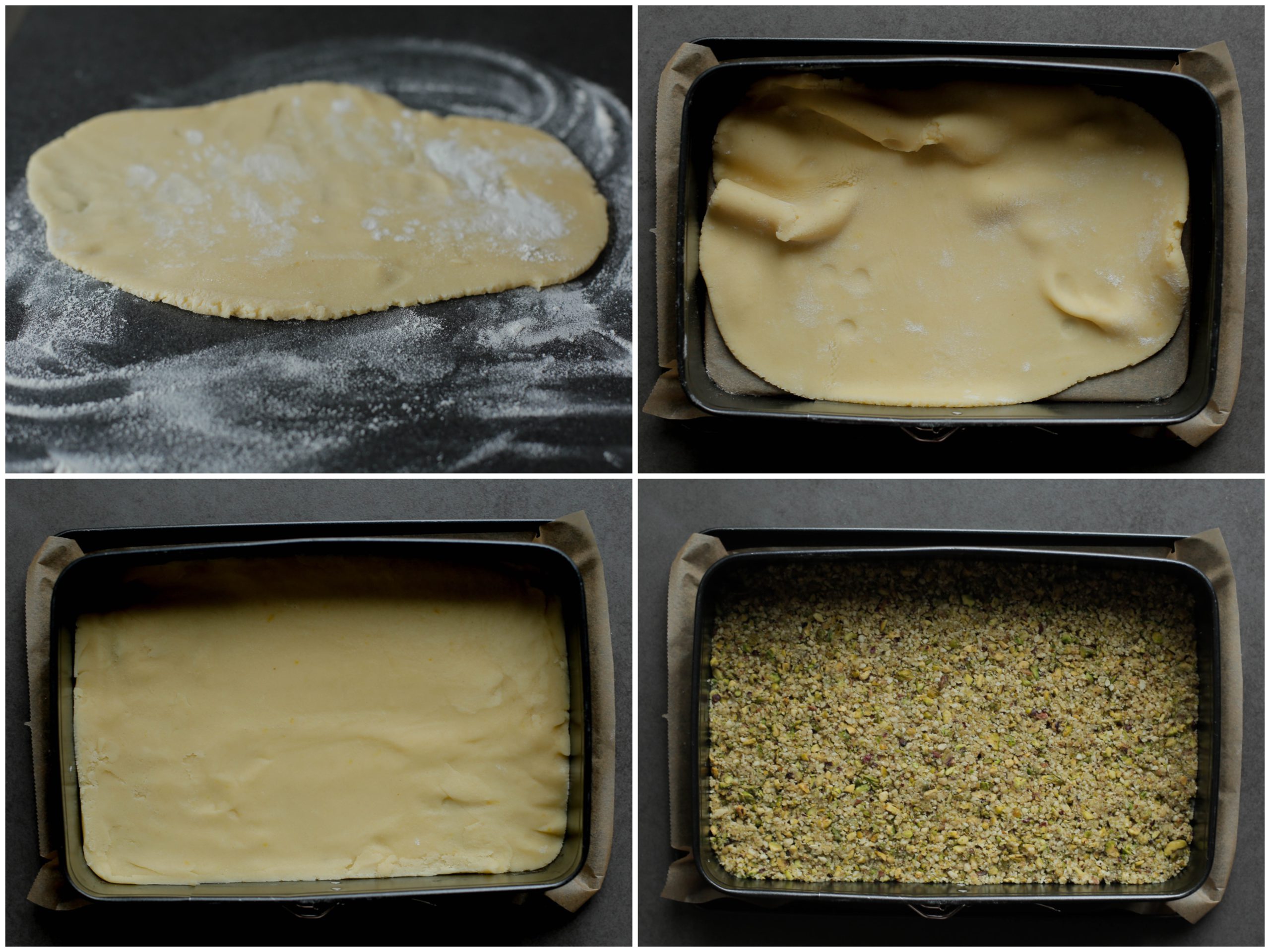 Bakvorm vullen met een laag van het koekjesdeeg en pistachemengsel