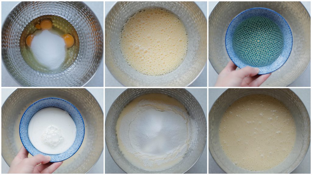 Breek de eieren boven een kom. Voeg de suiker, vanillesuiker toe. Mix goed. Voeg de zonnebloemolie en melk toe. Mix goed. Zeef de bloem en bakpoeder boven de kom. Mix tot een gladde massa.