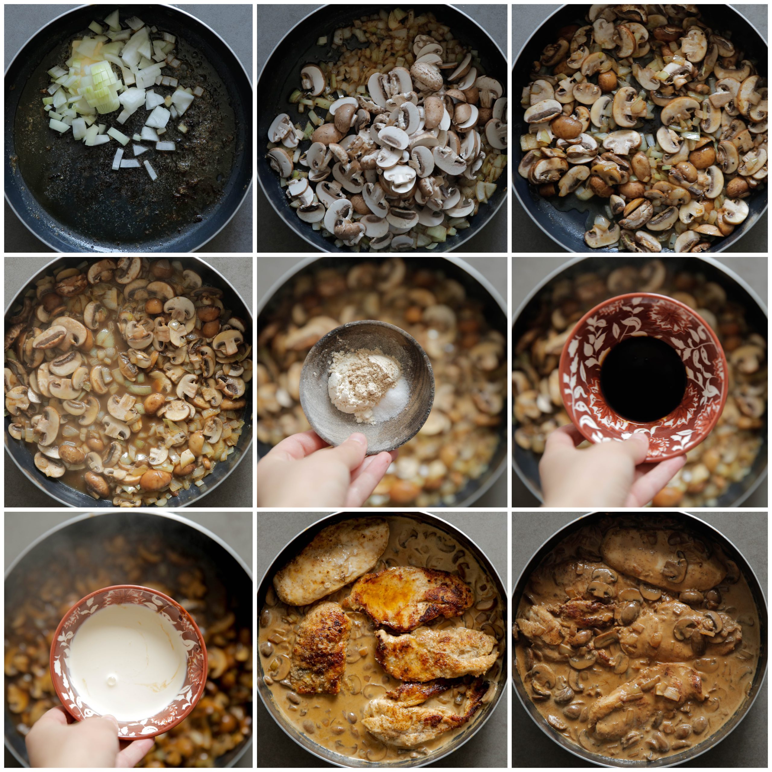 Champignonsaus met kip in een koekenpan