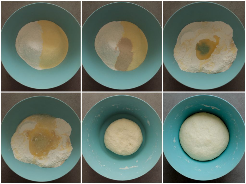 Doe de bloem, het griesmeel, zout en de gist in een kom. Meng goed. Maak een gat in het midden en voeg de zonnebloemolie en het water toe. Kneed het deeg 10-12 minuten. Dek het deeg af en laat een uur rijzen op een warme plek.