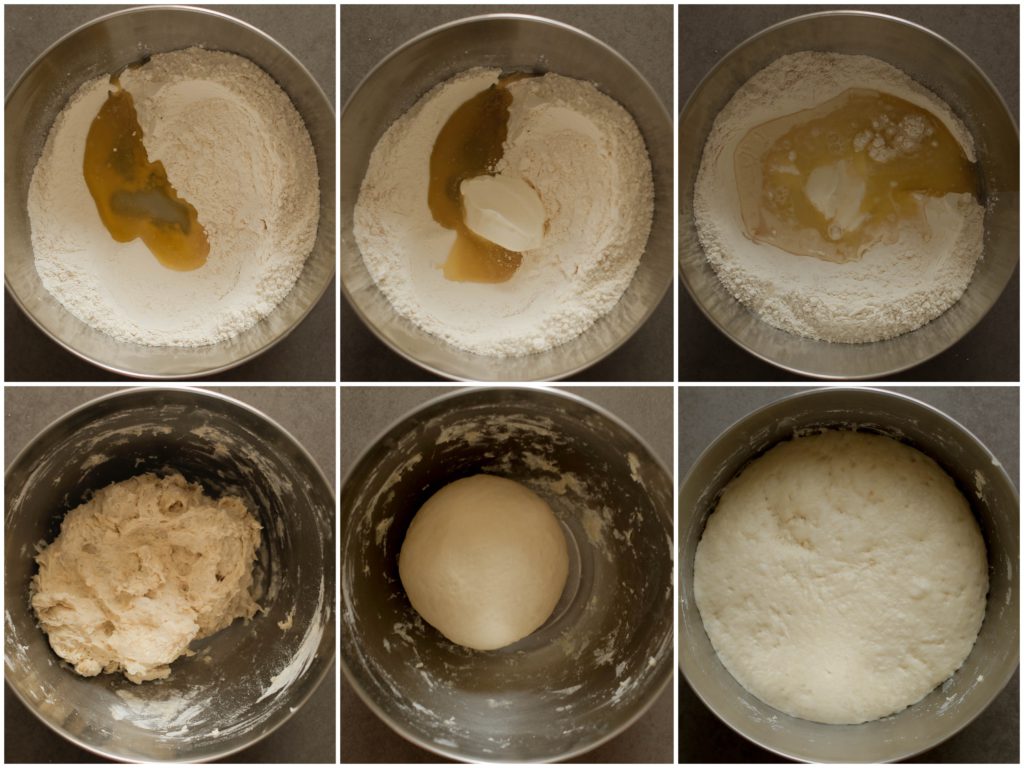 Doe de bloem in een diepe kom. Voeg het zout, de gist, Griekse yoghurt, zonnebloemolie en het water toe. Kneed 10 minuten tot een samenhangend deeg. Dek het deeg af en laat het rijzen op een warme plek voor een uur of tot het in omvang is verdubbeld.