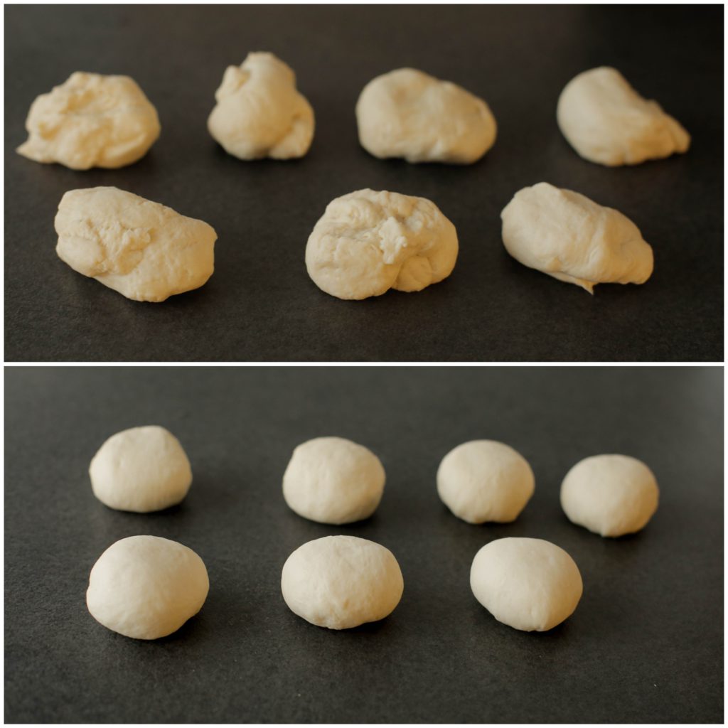 Verdeel het deeg door 7 stukken (70 gram per stuk) en rol ze mooi rond.