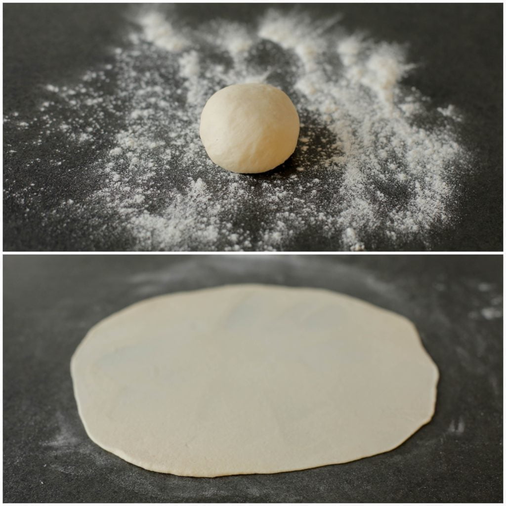 Stort het deeg op een bloem bestoven werkplek en rol deze uit tot een ronde lap (25x25 cm).
