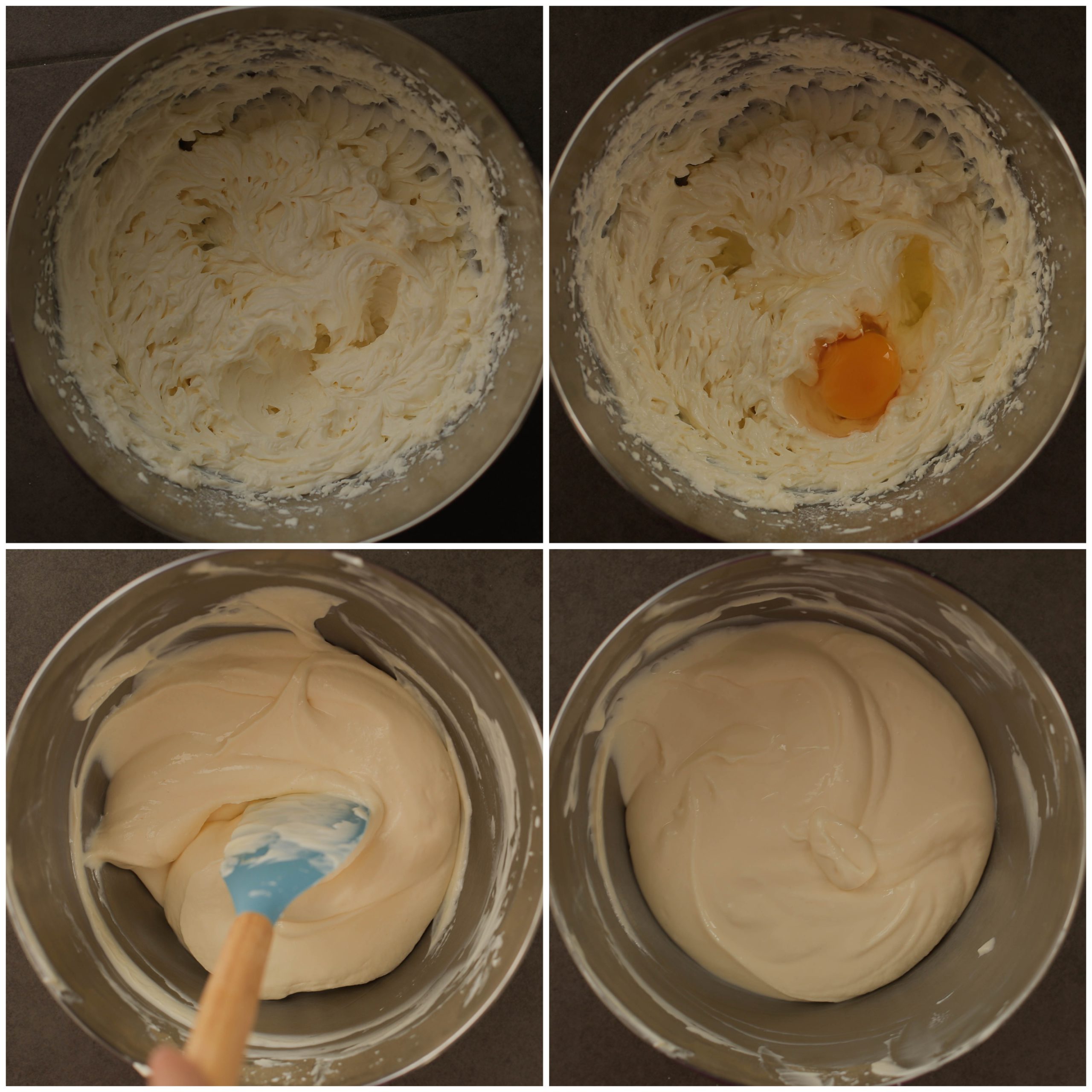 Eieren door het cheesecakebeslag spatelen voor de appelkruimel cheesecakes