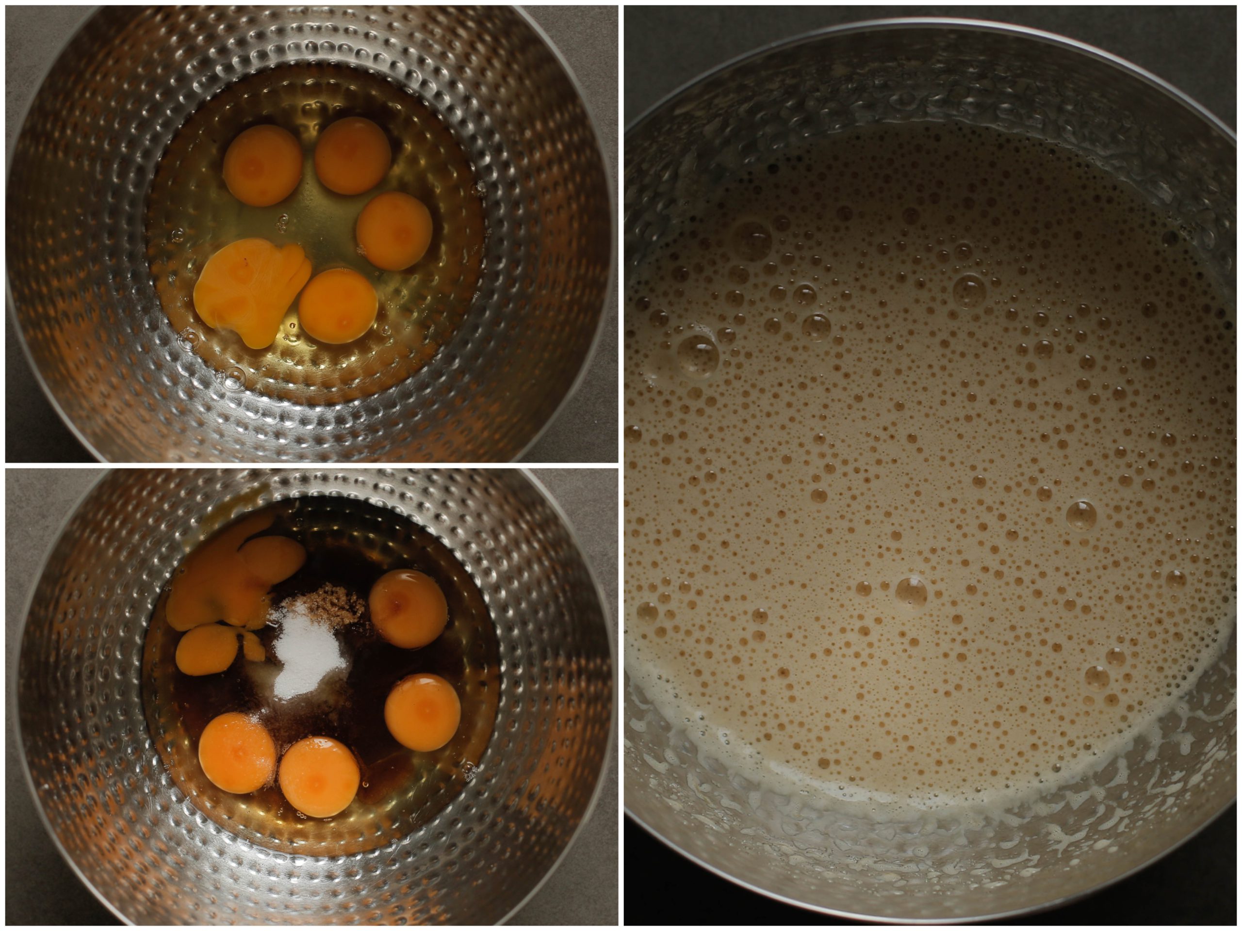 Eieren mixen met de suikers tot een luchtige, lichtige massa