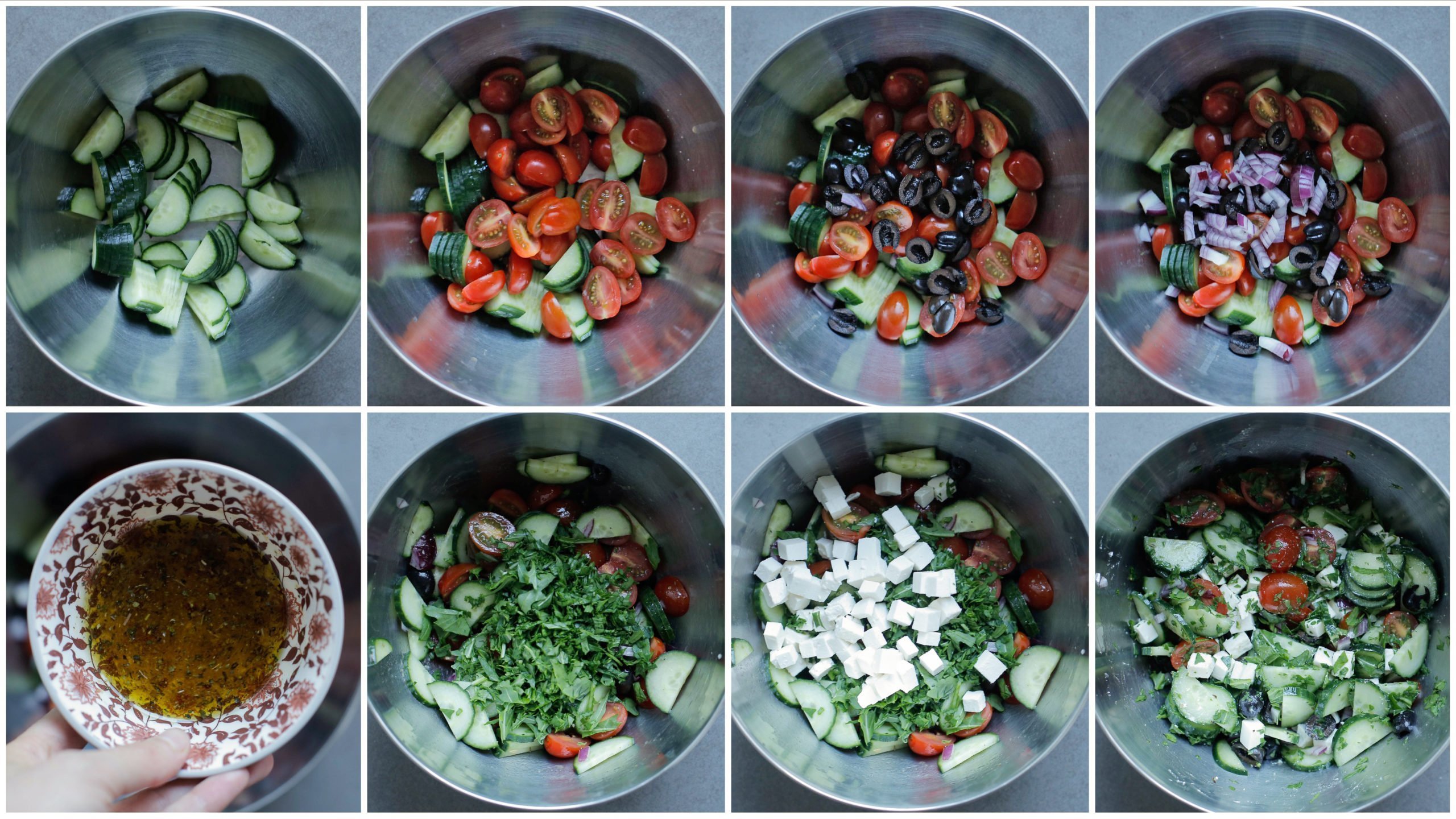 Feta salade mengen in een diepe kom