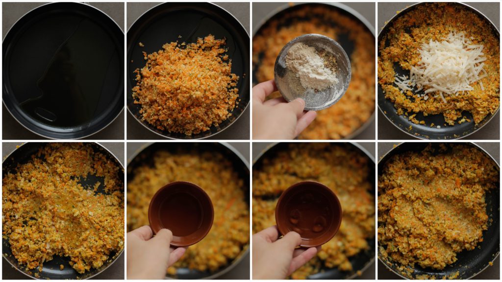 Verhit de zonnebloemolie (15 ml) in een koekenpan op middelhoog vuur. Voeg de gemalen groentes, uienpoeder, knoflookpoeder, het zout en de zwarte peper toe. Bak 3-4 minuten. Voeg de parmezaanse kaas toe en bak een minuut. Voeg het water en zonnebloemolie (40 ml) toe en kook dit weer mee voor twee minuten.