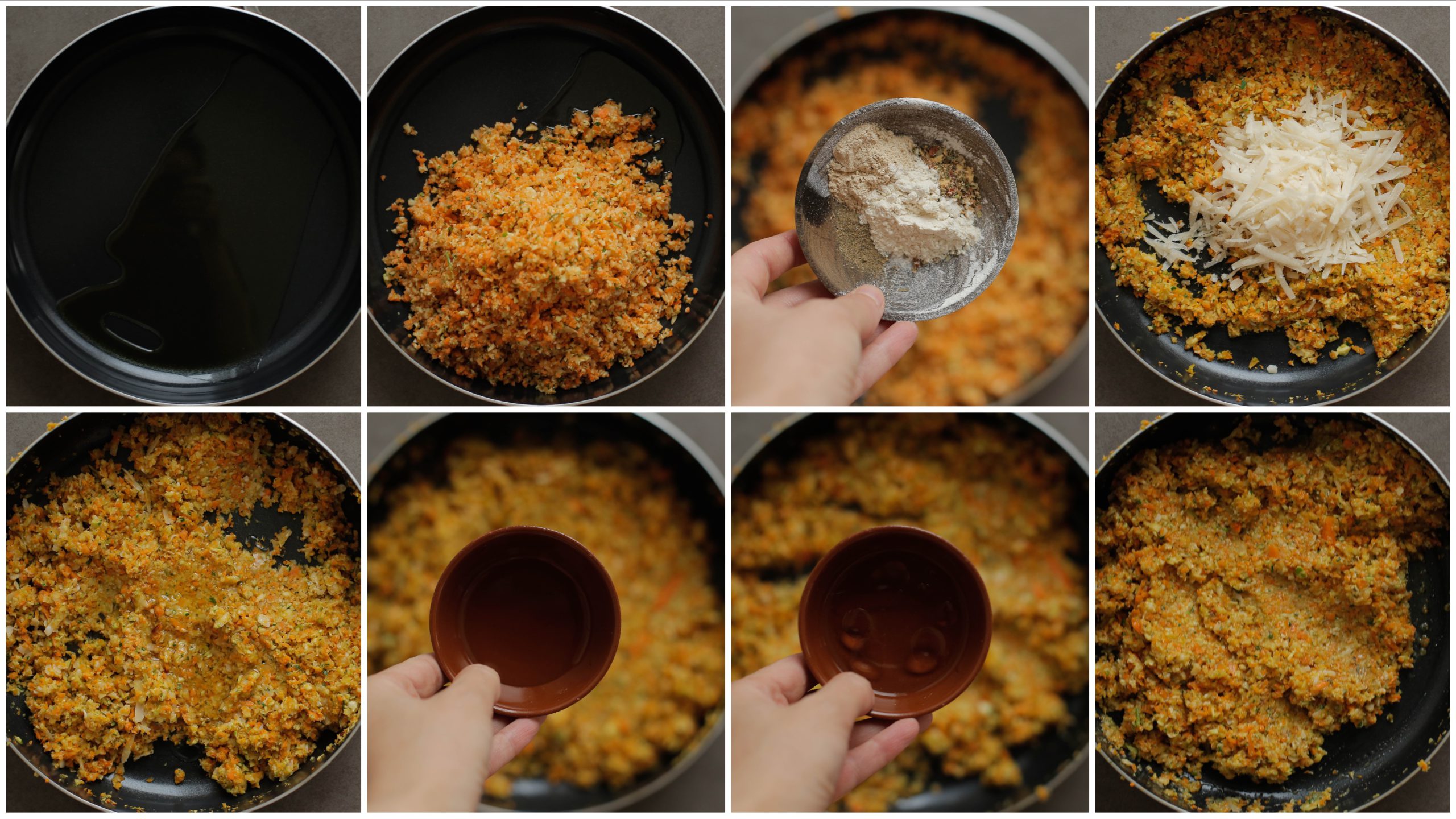 Verhit de zonnebloemolie (15 ml) in een koekenpan op middelhoog vuur. Voeg de gemalen groentes, uienpoeder, knoflookpoeder, het zout en de zwarte peper toe. Bak 3-4 minuten. Voeg de parmezaanse kaas toe en bak een minuut. Voeg het water en zonnebloemolie (40 ml) toe en kook dit weer mee voor twee minuten.