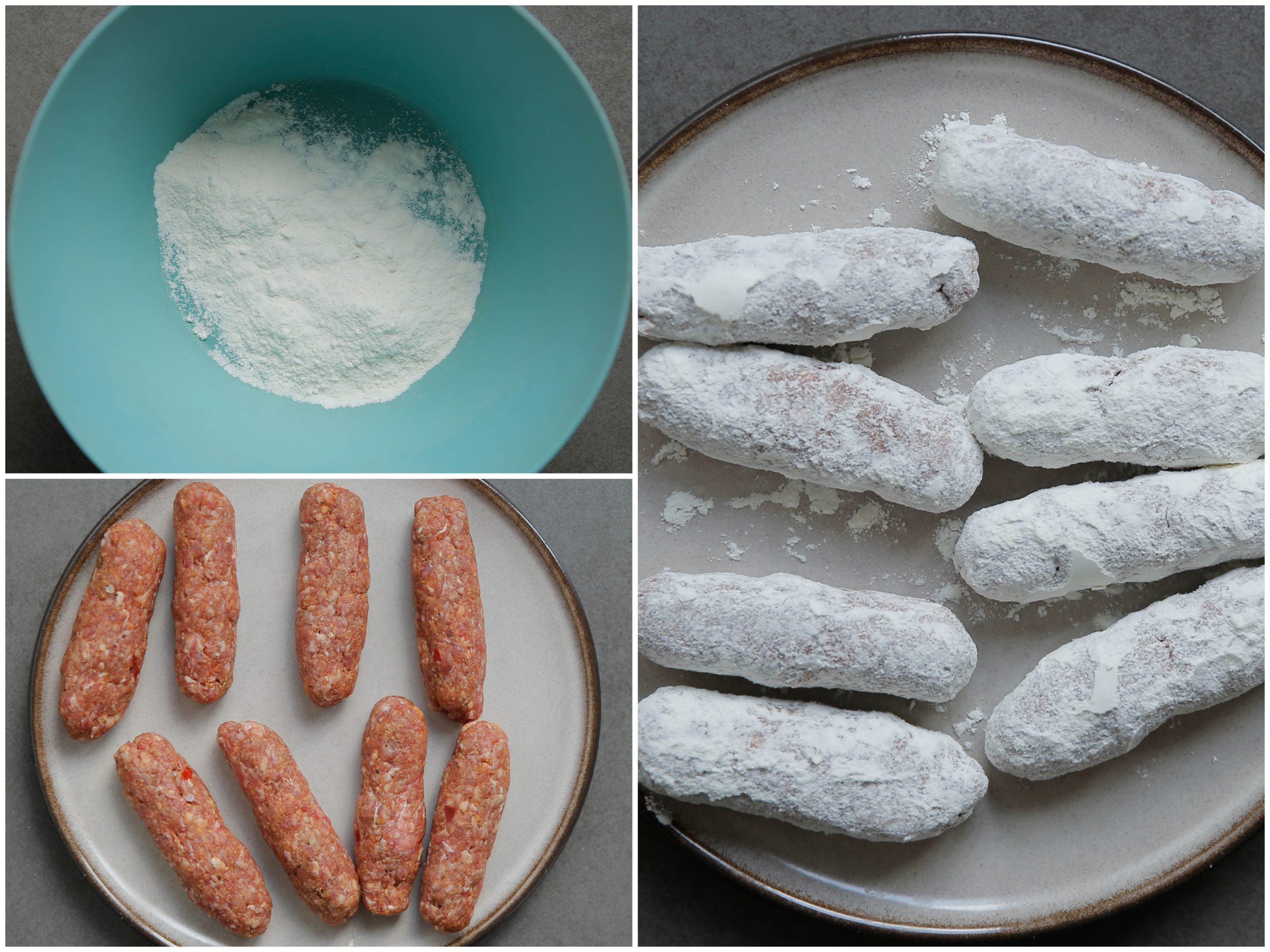 Doe wat bloem in een kom. Neem wat van het gehakt en maak er staven van. Wentel de gehaktstaven door de bloem.