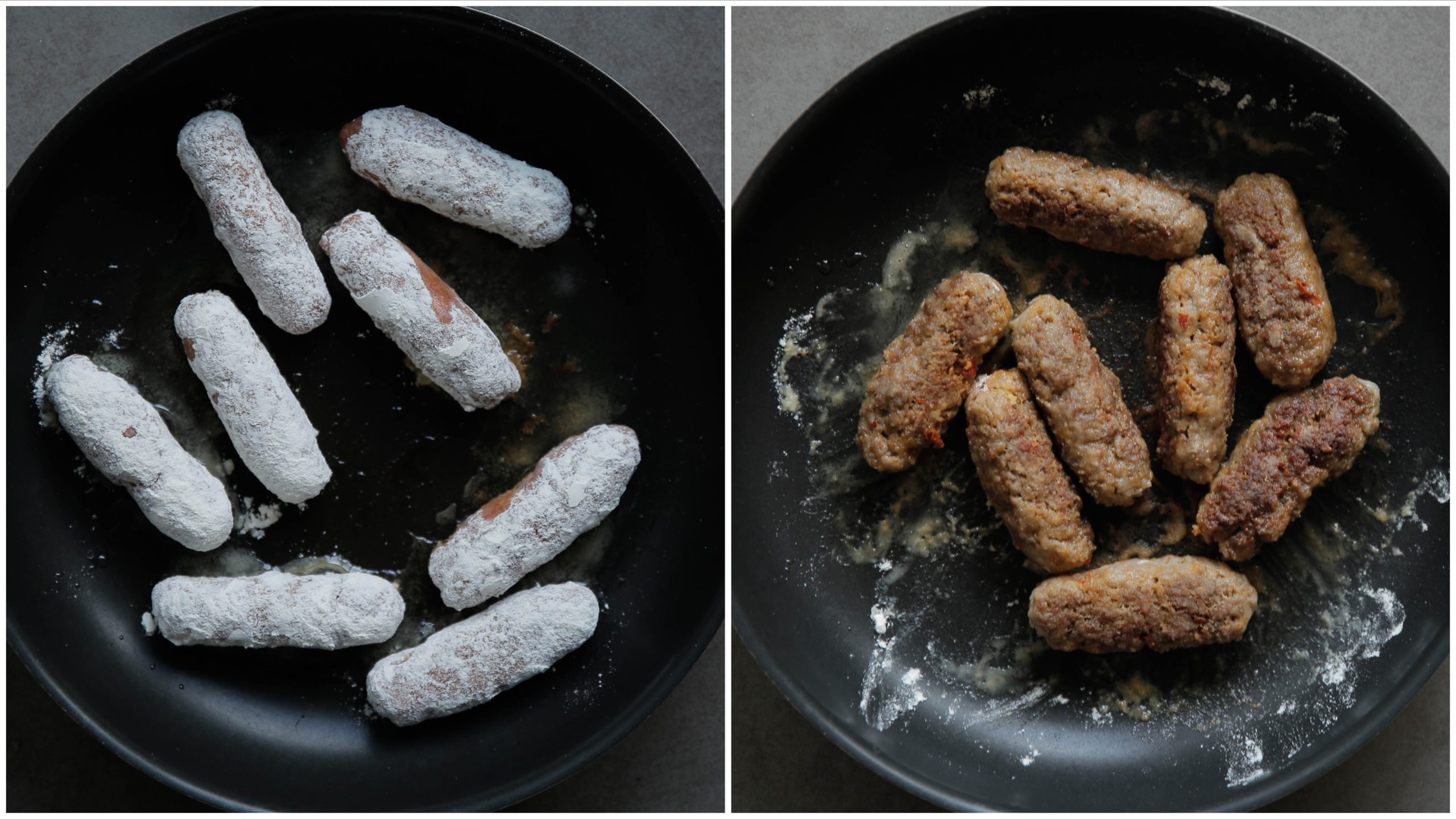 Gehaktstaven gaar bakken in een pan