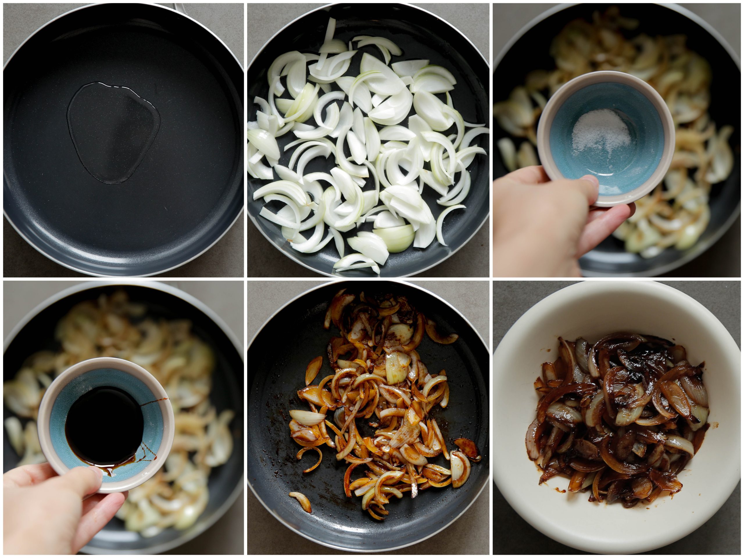 Gele ui bakken met zout en ketjap manis tot gekarameliseerde ui