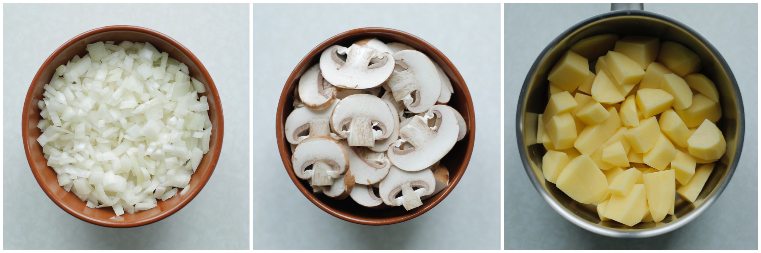 Gele ui, kastanjechampigons, aardappels