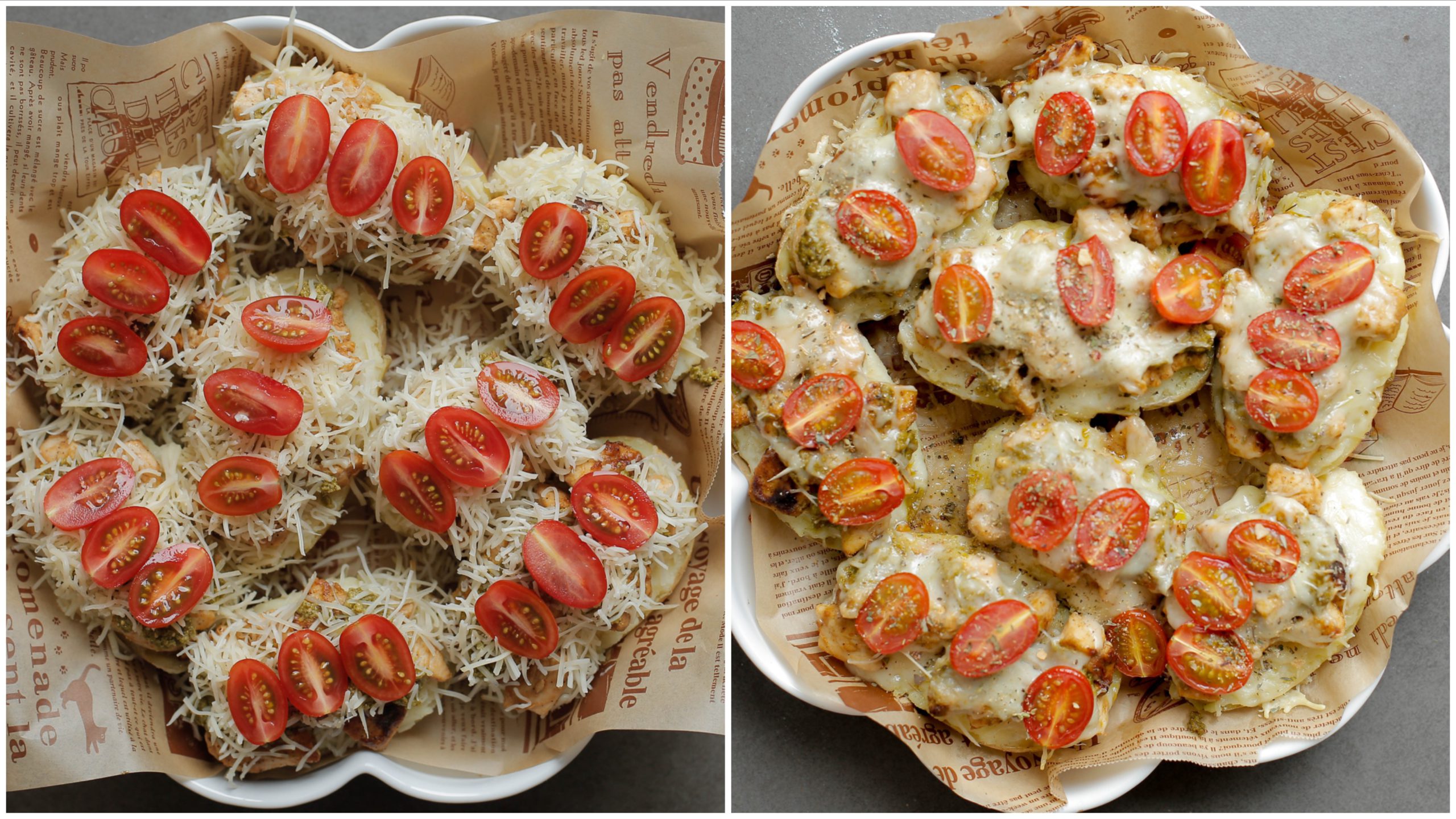 Gevulde aardappels met kip en pesto in de oven bakken