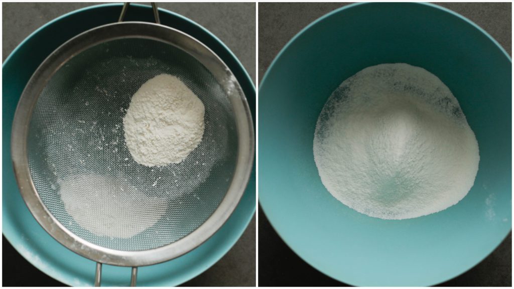 Zeef de bloem en bakpoeder boven een kom. Leg apart.