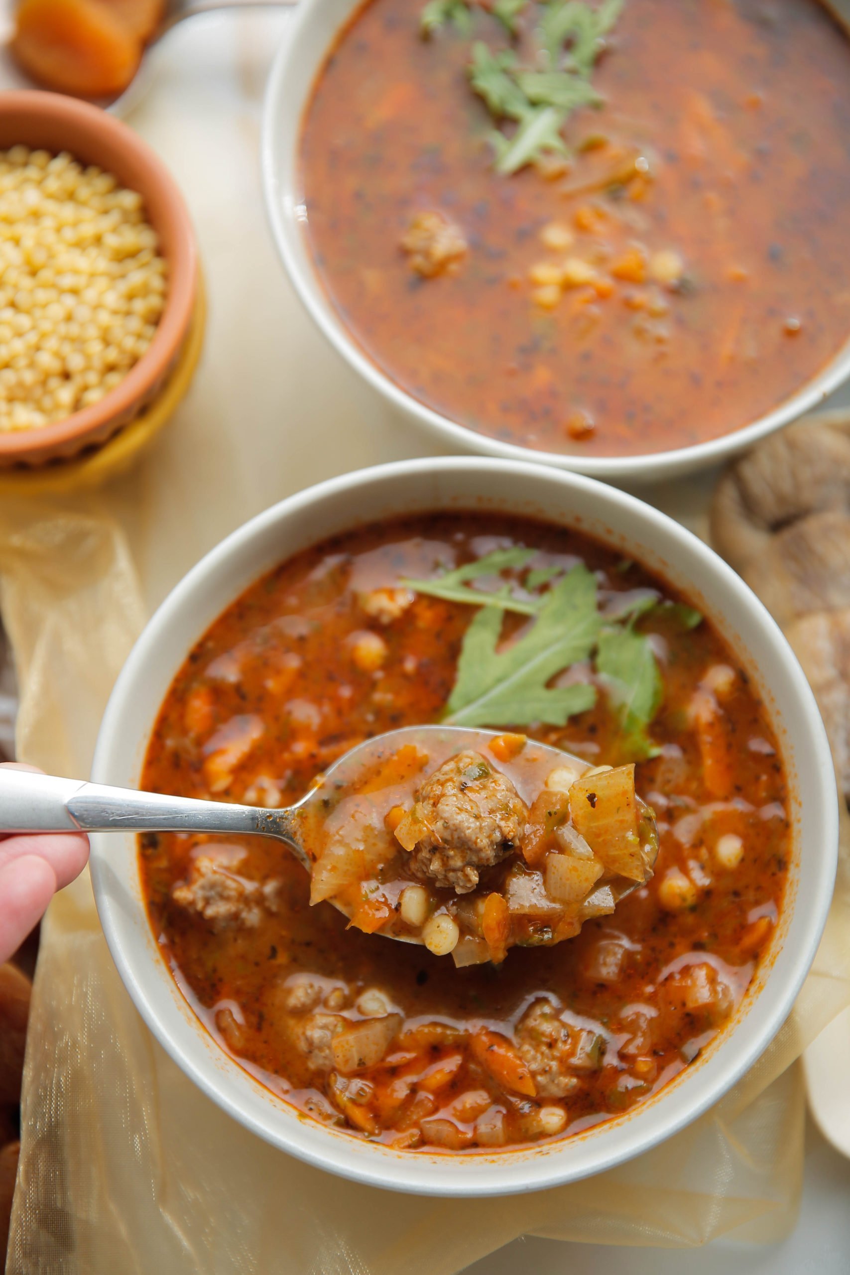 Soep met parelcouscous en gehaktballen eindresultaat