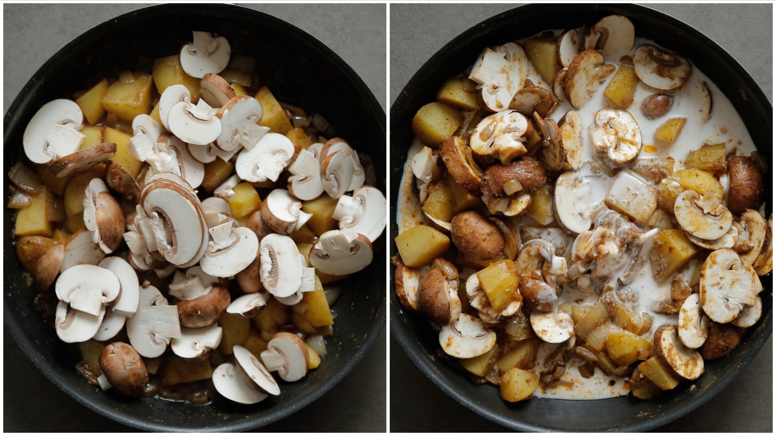 Kastanjechampignons en kokosmelk toevoegen aan de groenten