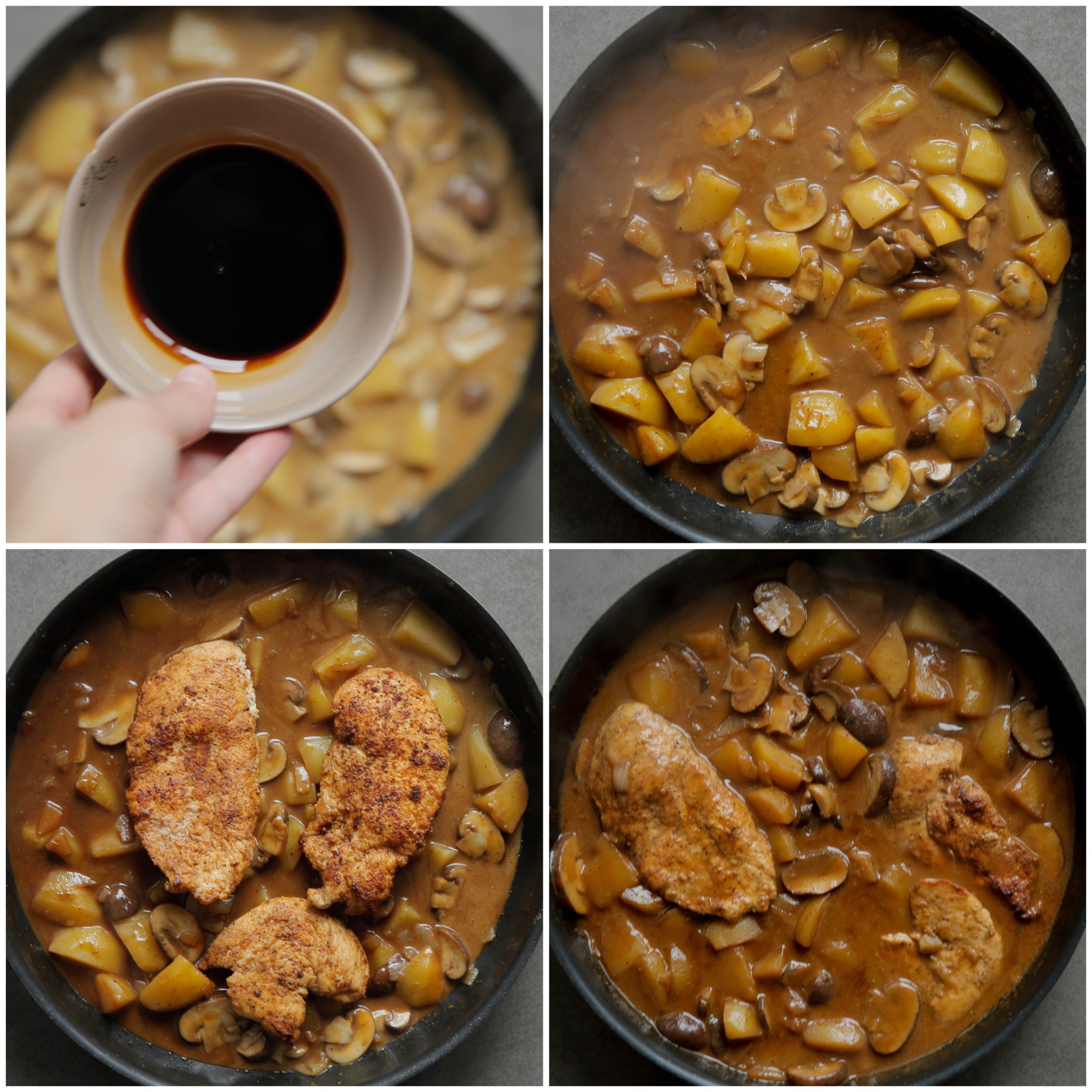 Ketjap manis en kipfilet toevoegen aan de saus met groenten