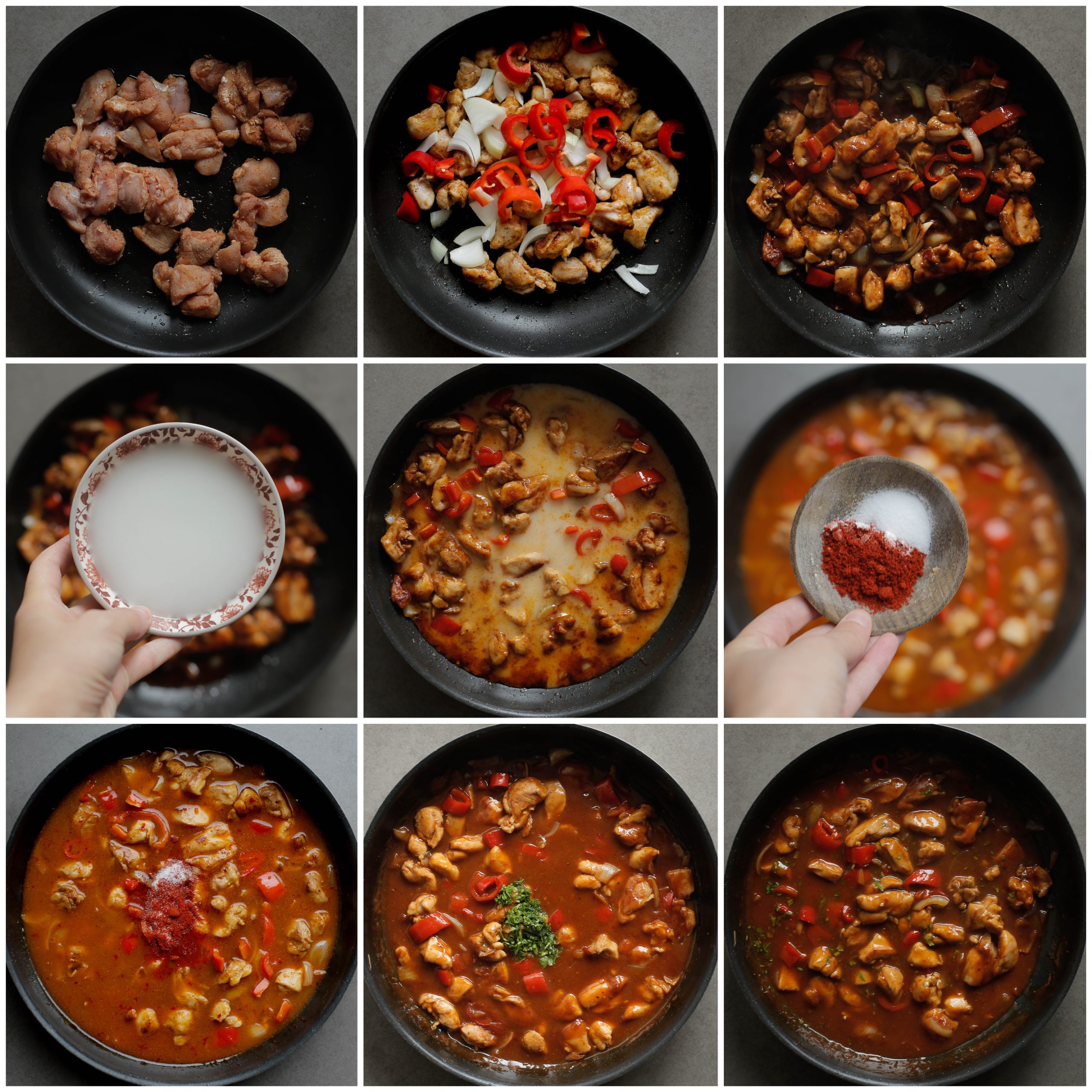 Kip bakken met groenten en daarna koken tot saus