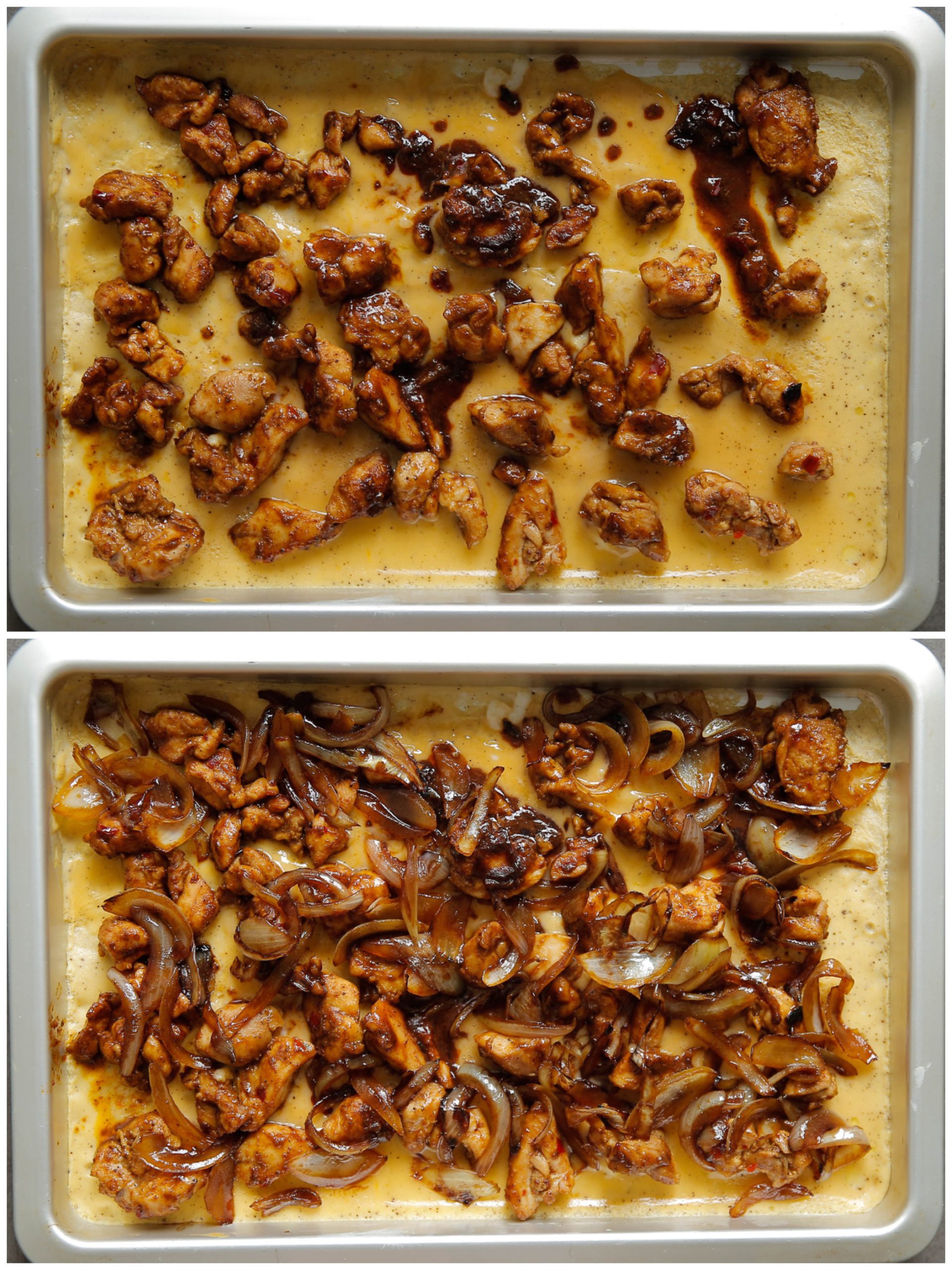 Kip en gekarameliseerde ui toevoegen aan het eimengsel