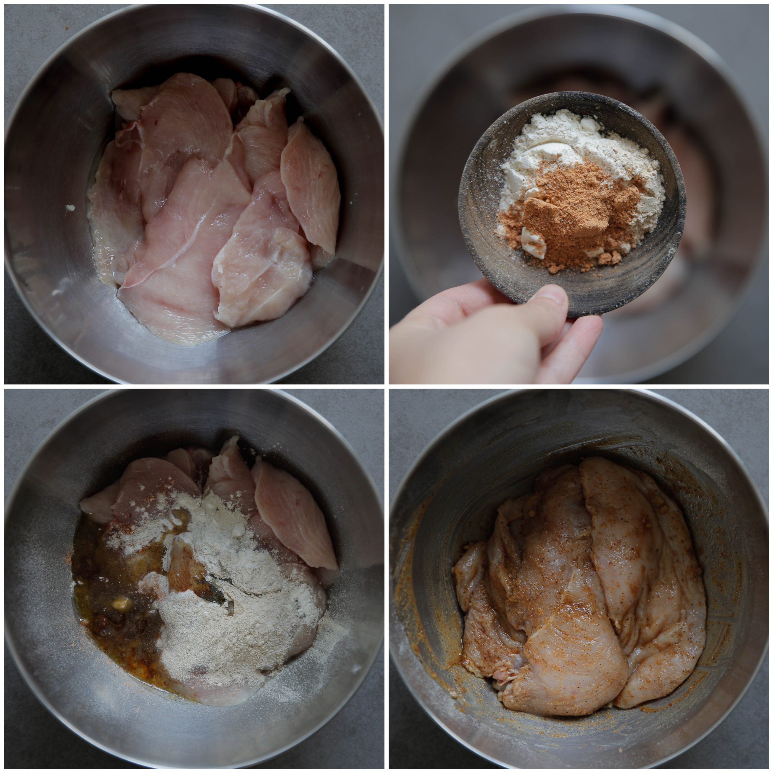 Kipmengsel in een diepe kom voor de aardappelschotel in champignonsaus