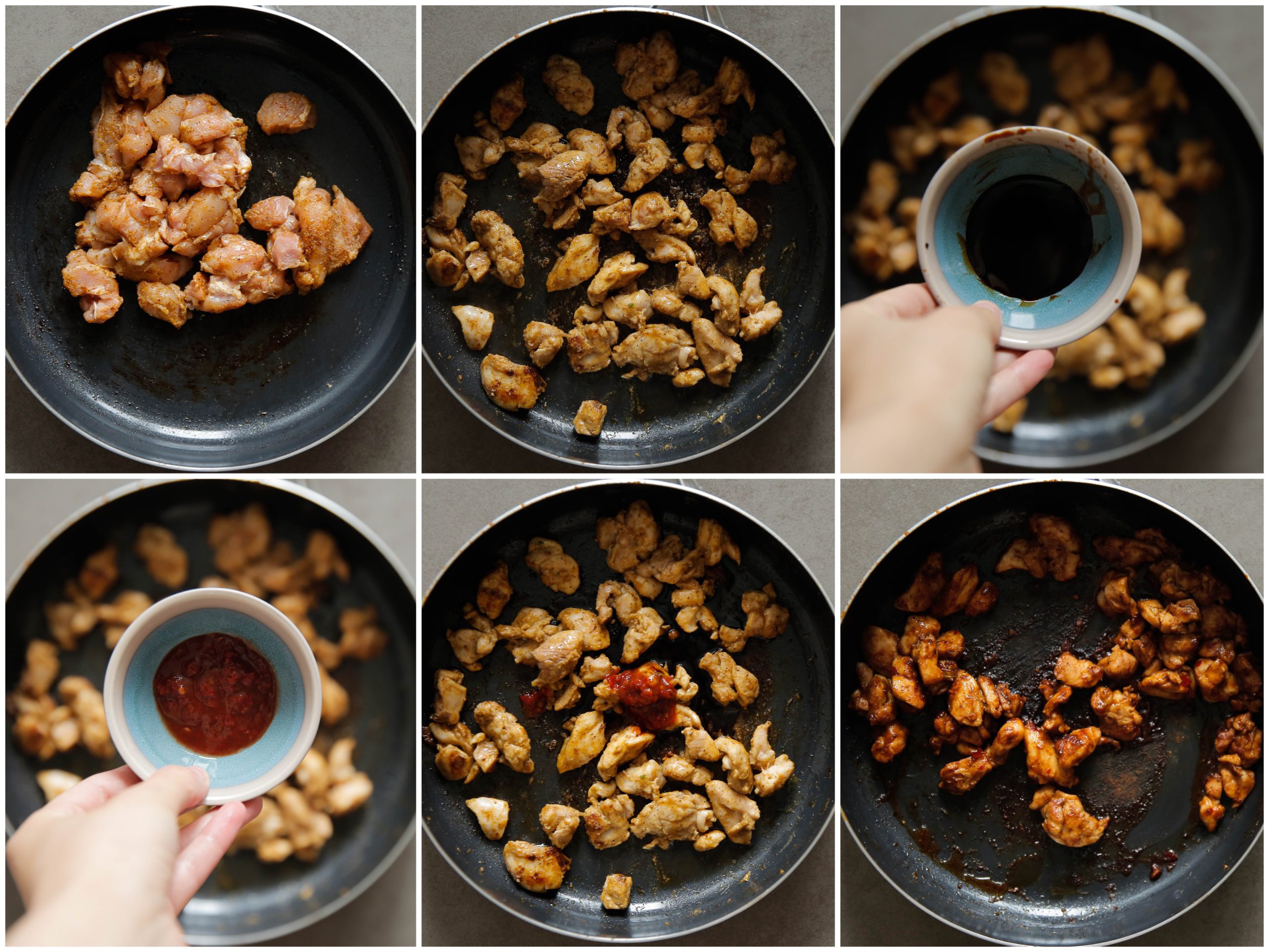 Kippendijen gaar bakken met sambal en ketjap manis