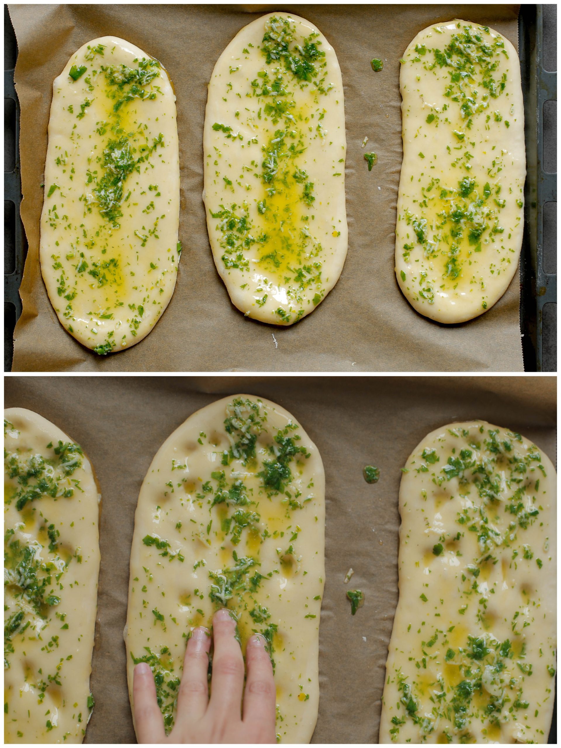 Knoflookbroden laten rijzen en patroon in maken met vingertoppen