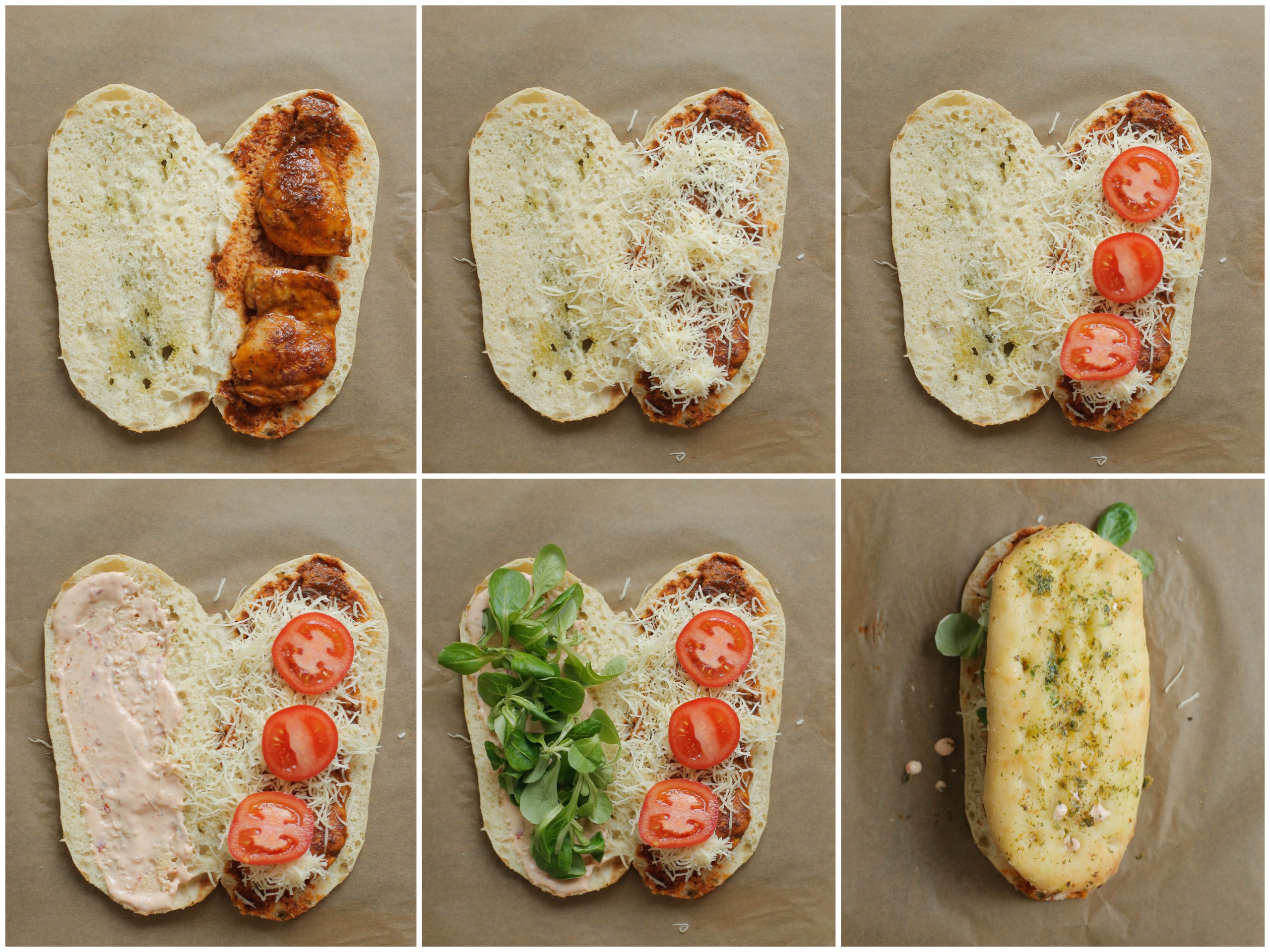 Knoflookbrood vullen met kip, groenten, kaas en saus