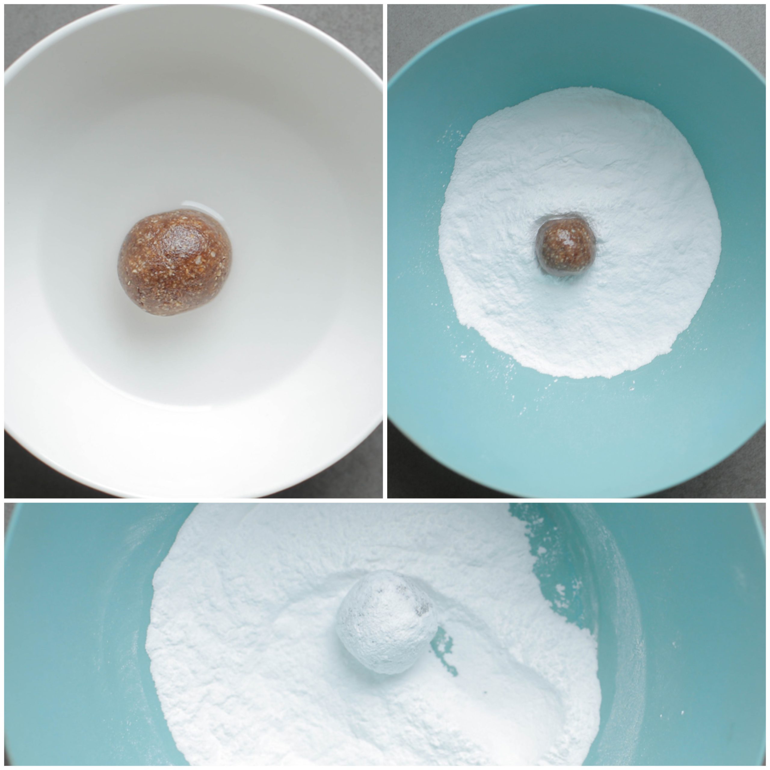 Koekjesdeeg dompelen in water en door de poedersuiker