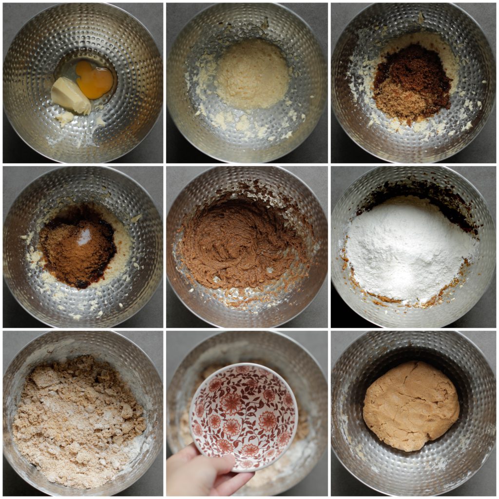 Doe de zachte roomboter in een aparte kom. Voeg het ei toe en mix tot een geheel. Voeg de bruine basterdsuiker, donkerbruine basterdsuiker en het zout toe. Mix een minuut. Voeg de bloem, bakpoeder en kaneel toe. Kneed goed. Voeg het water toe en kneed samen tot een geheel.