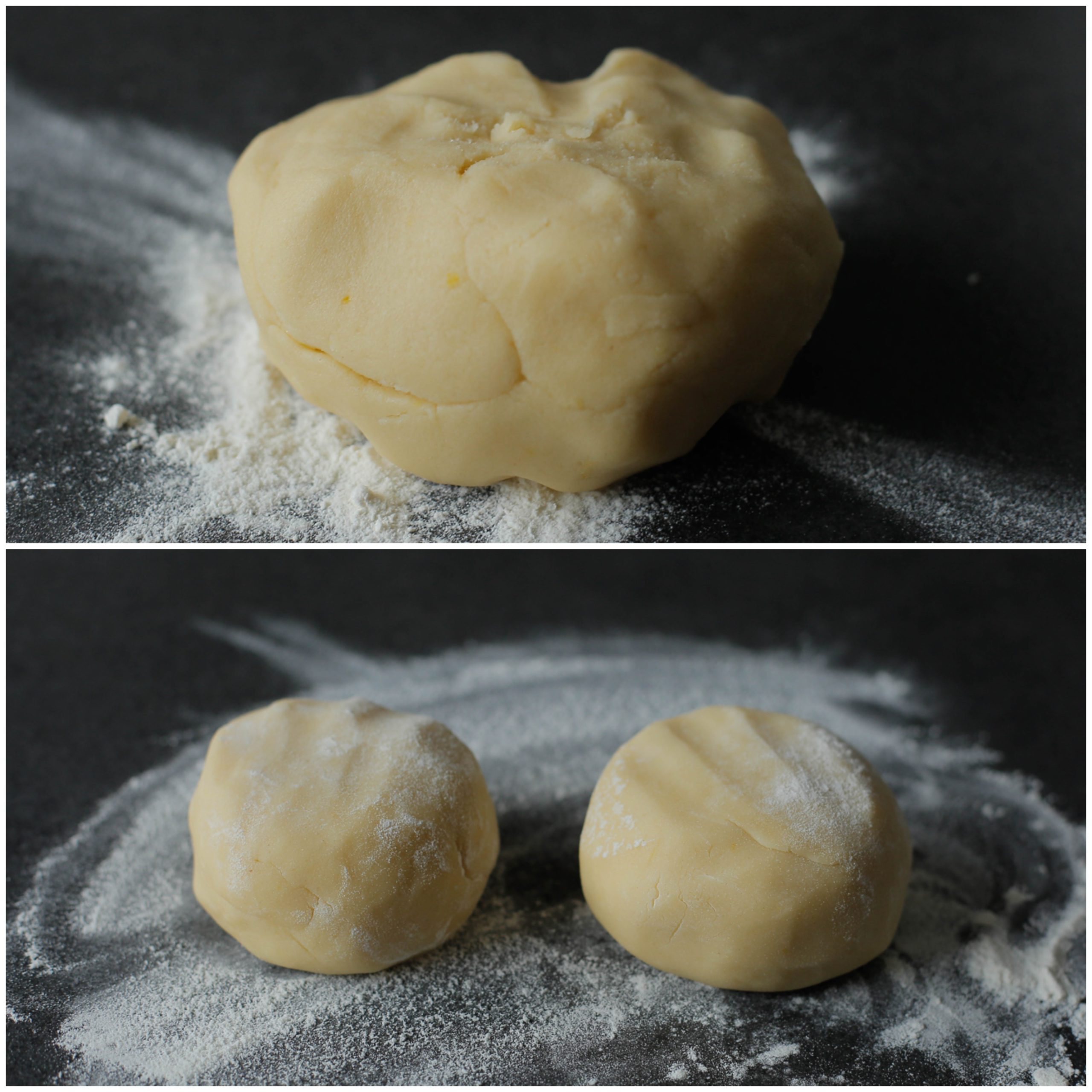 Koekjesdeeg voor de pistache boterkoek delen door twee