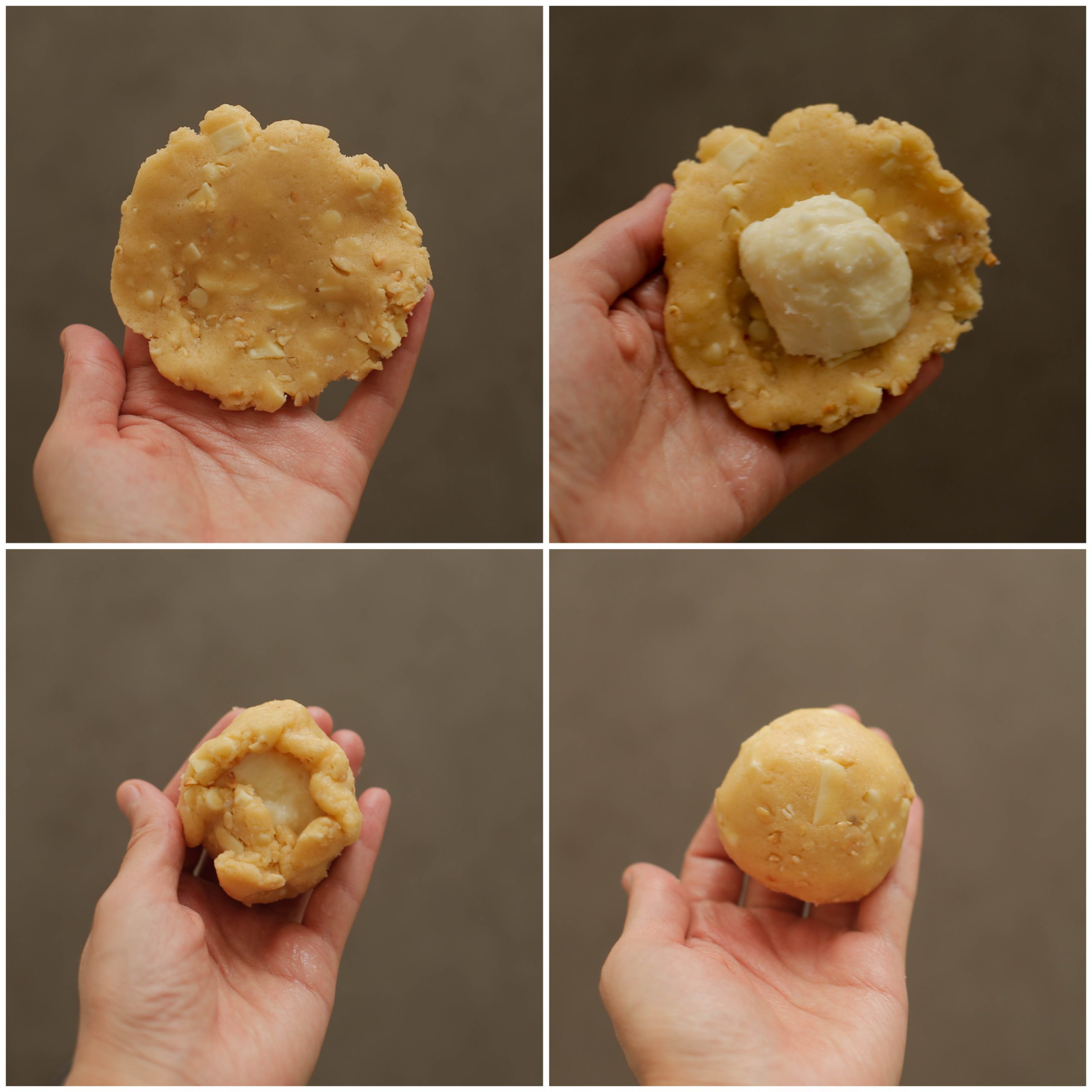 Koekjesdeeg vullen met het witte chocolademengsel en dichtmaken