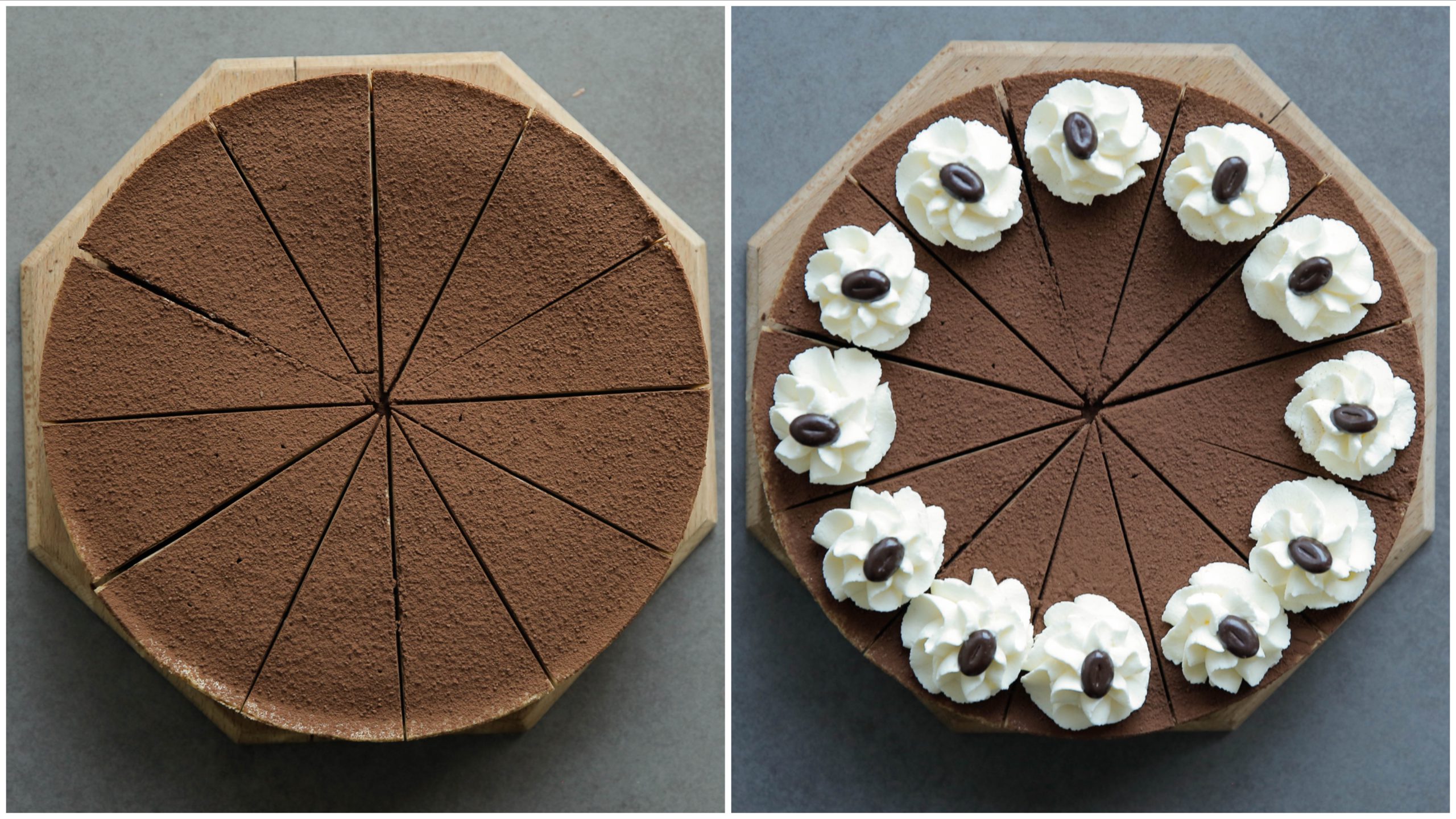 Koffie cheesecake aansnijden en garneren met slagroom en mokkaboontjes