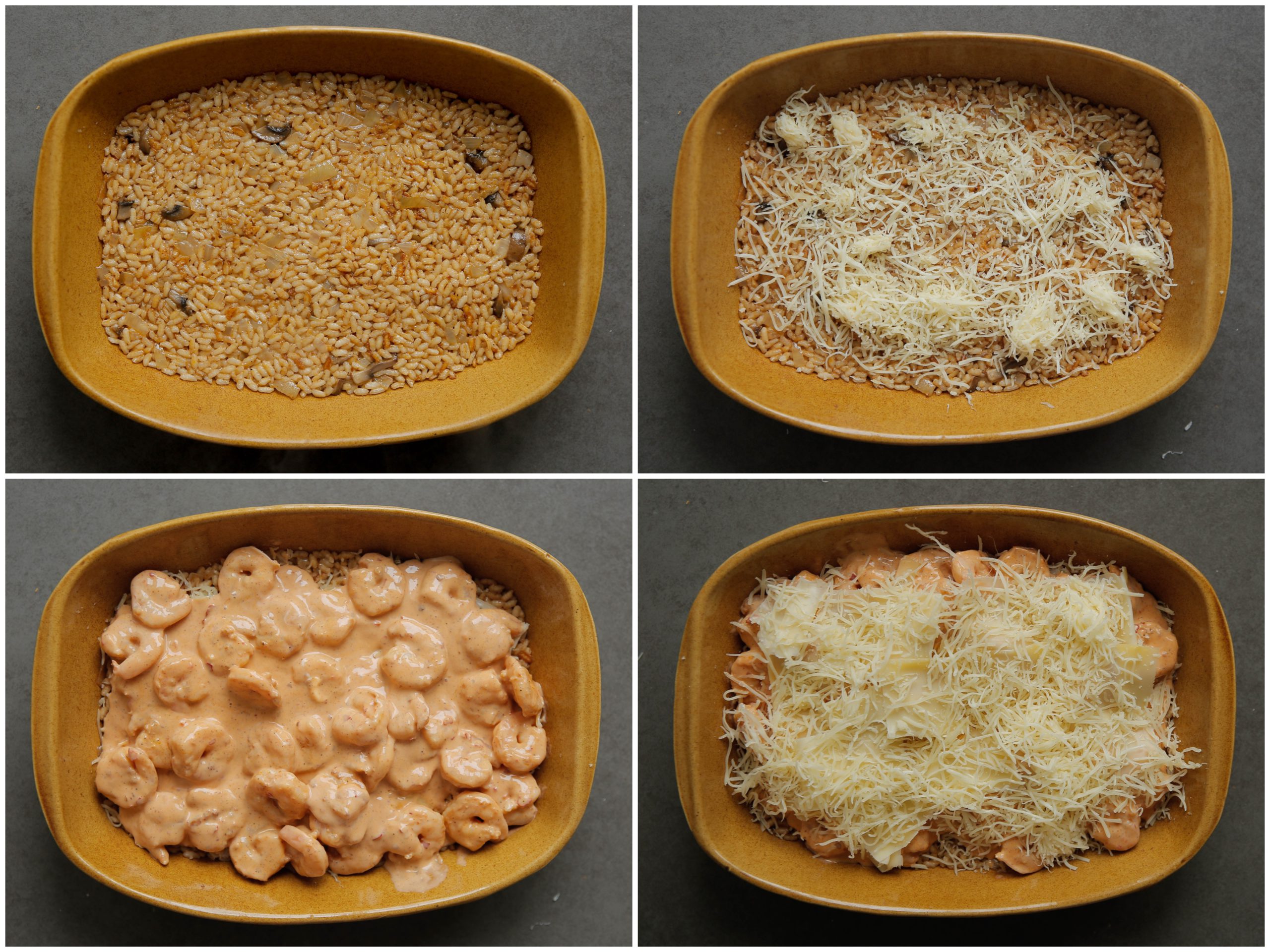 Ovenschaal vullen met rijst en bangbang garnalen