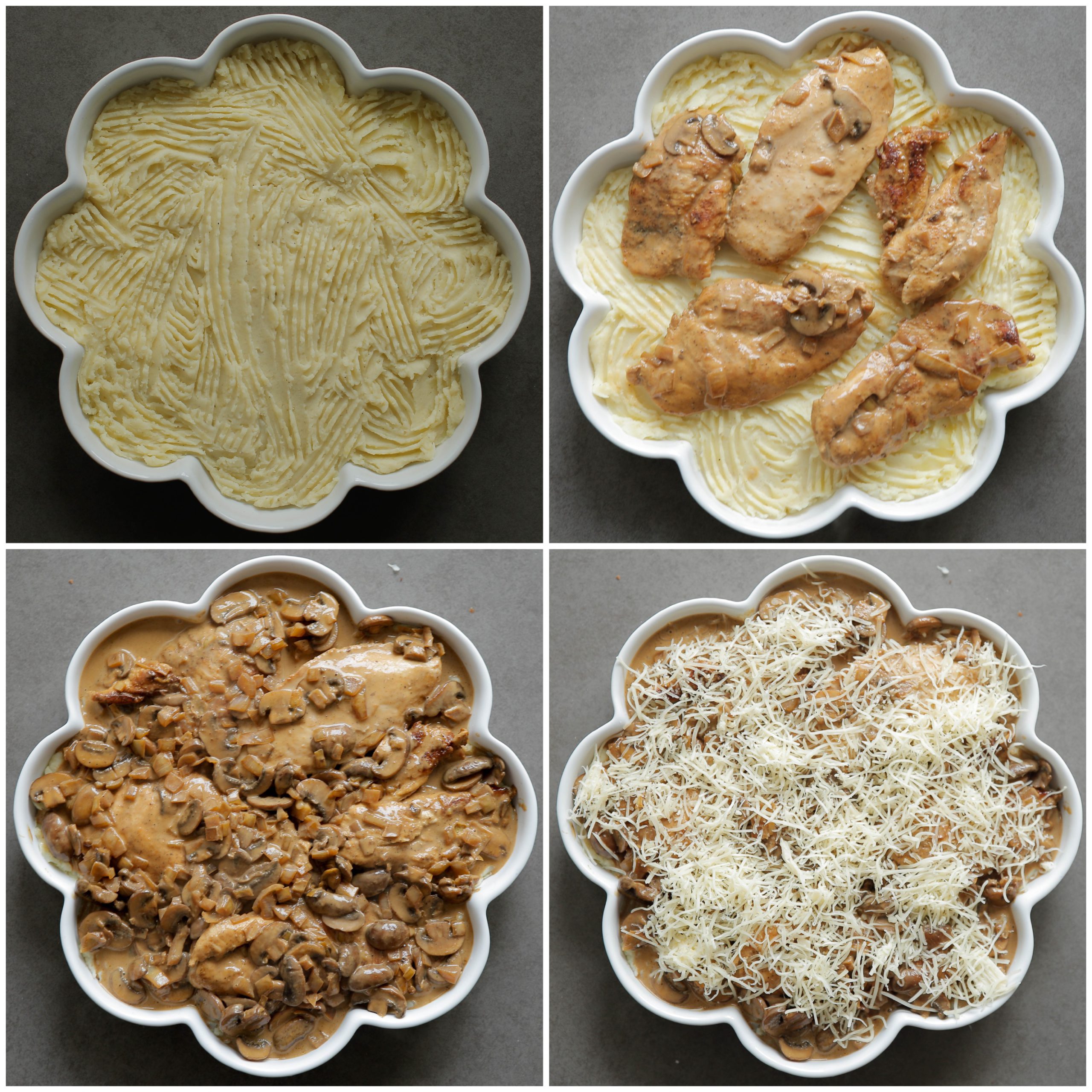 Ovenschotel vullen met het aardappelmengsel, kip, champignonsaus en kaas