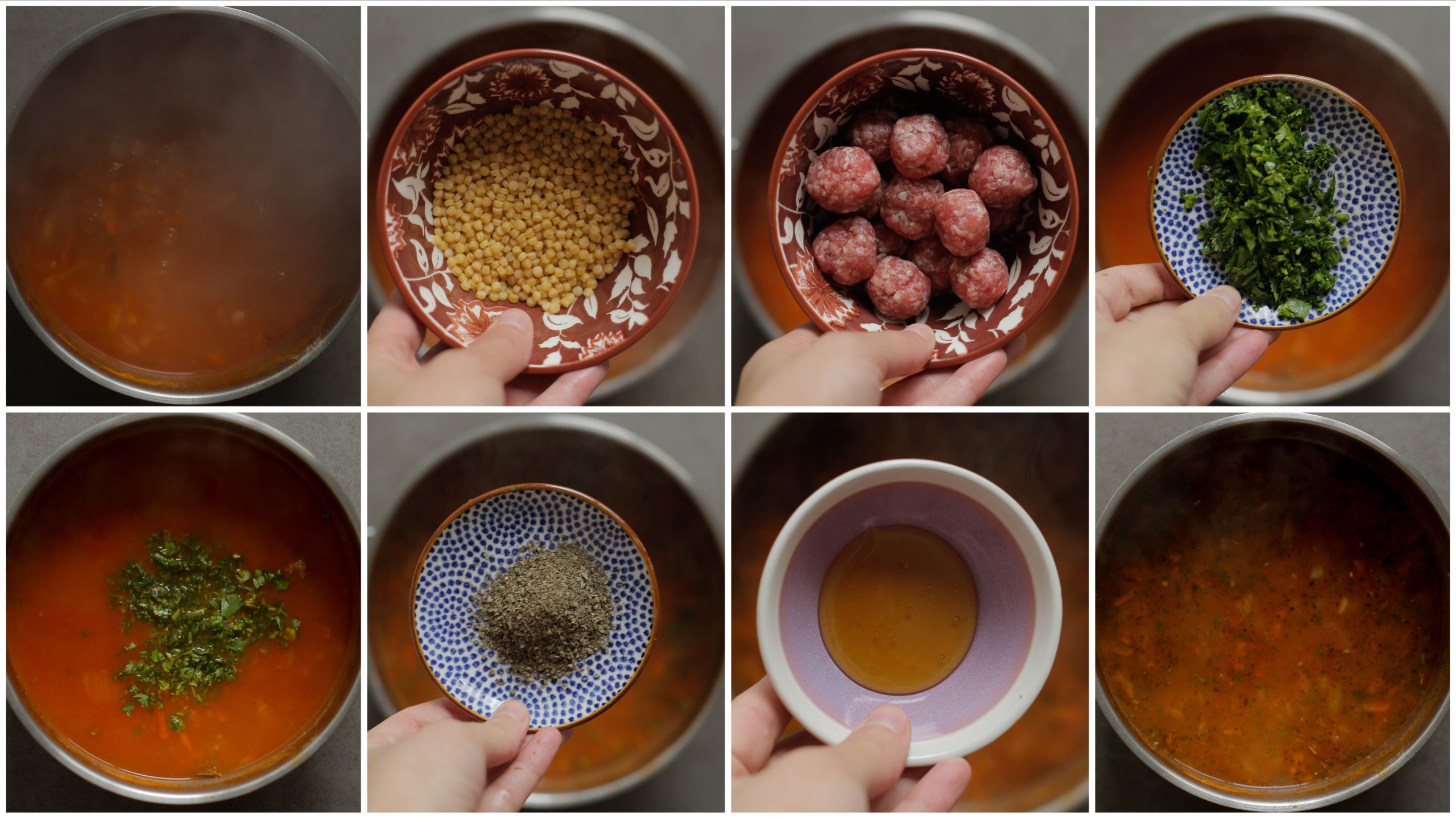 Parelcouscous en gehaktballen toevoegen aan de soep