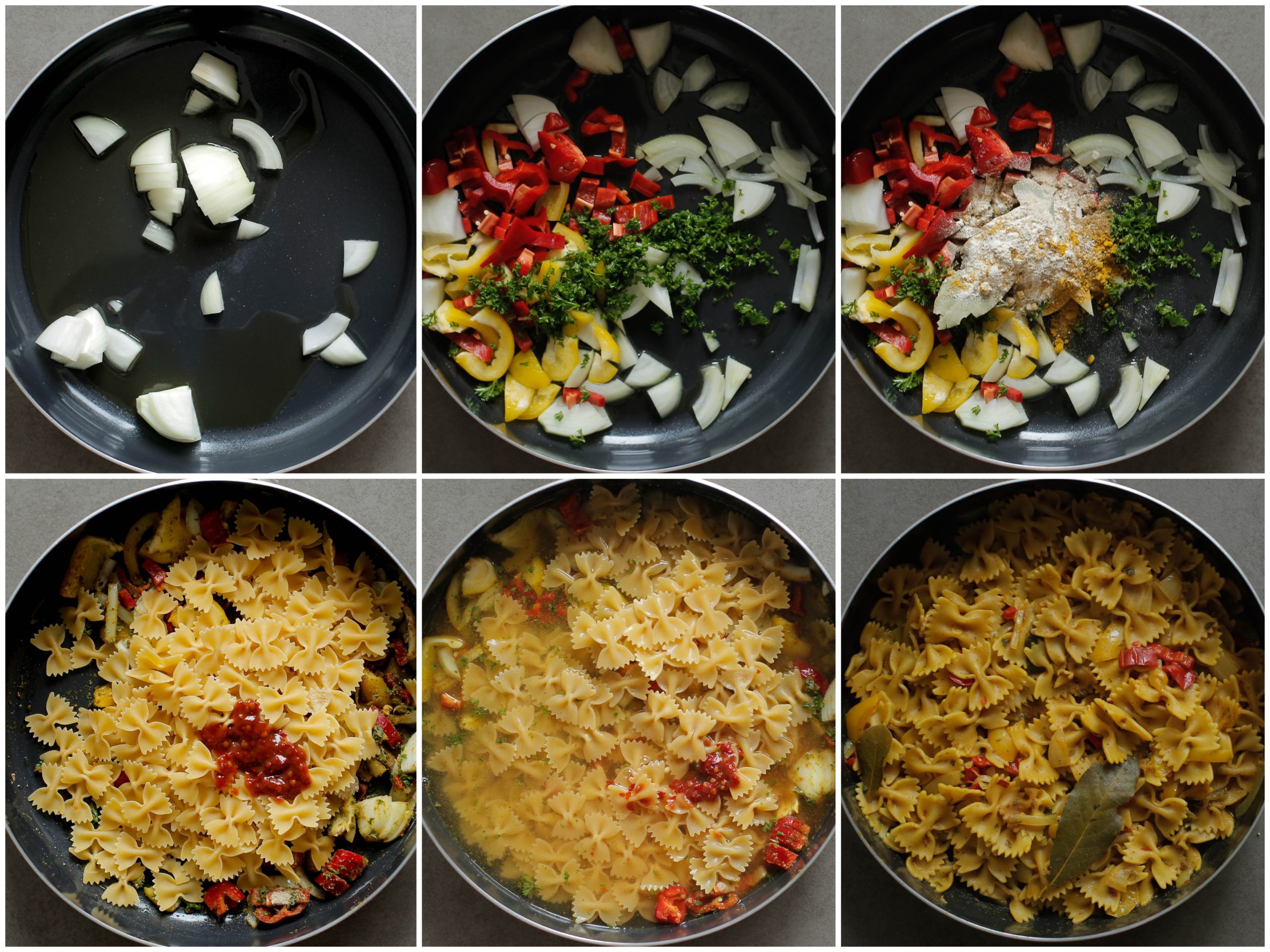 Pasta zacht koken in een pan met groenten en kruiden