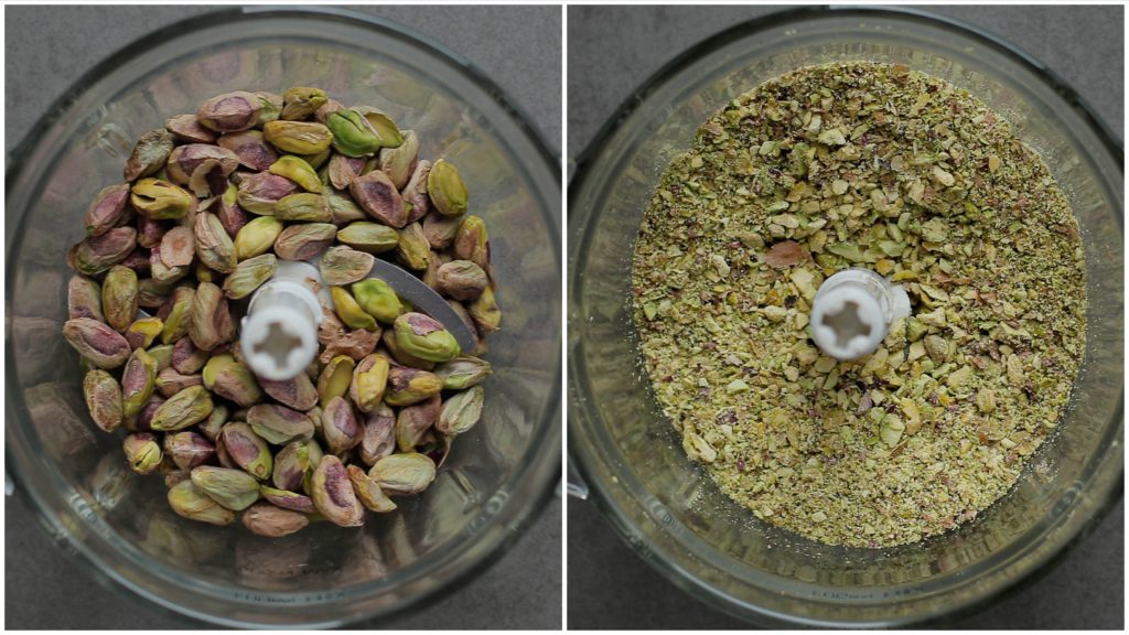 Doe de pistachenoten in een hakmolen. Mix deze niet al te fijn.