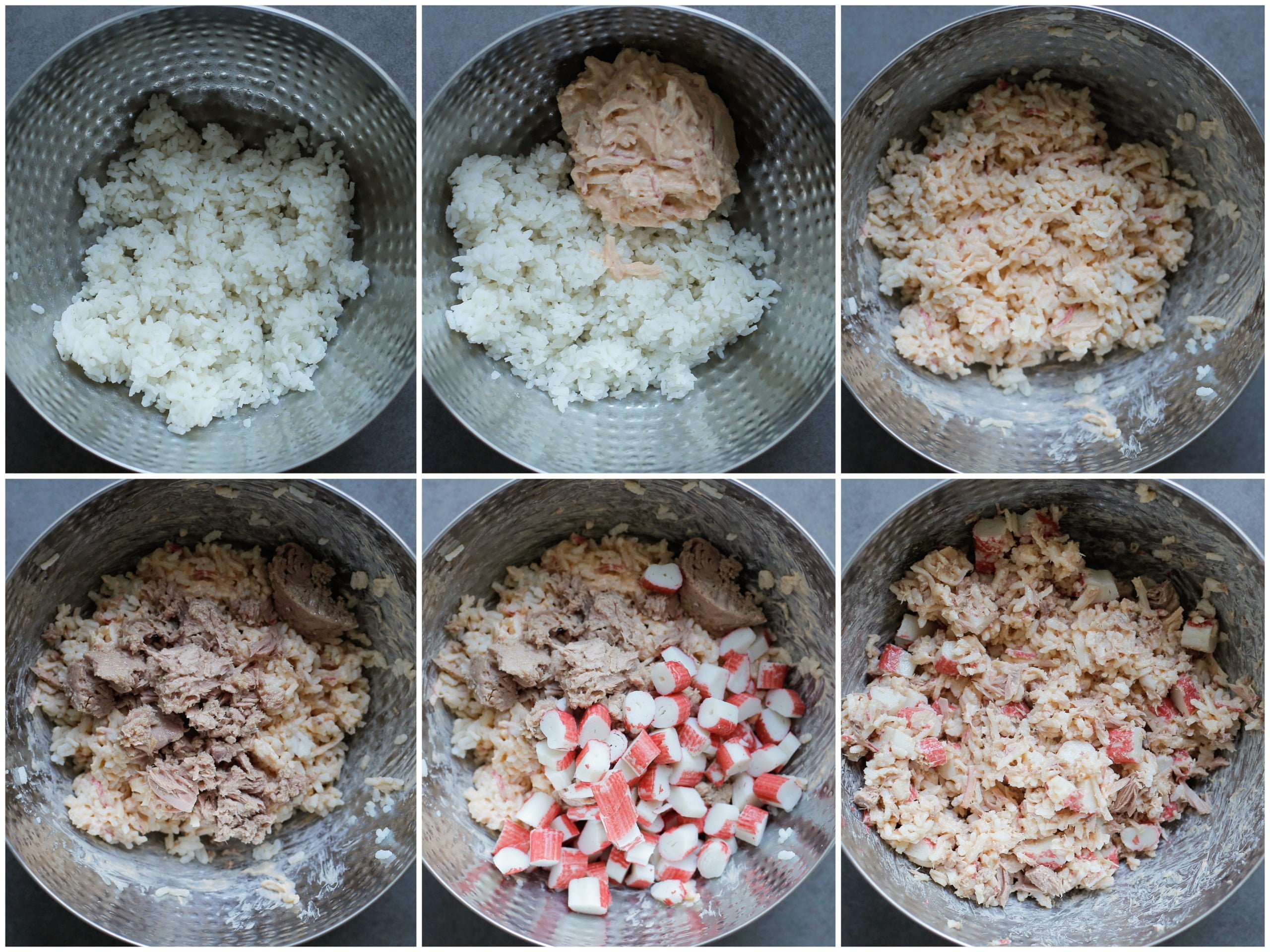 Rijst mengen met krabsalade en surimi