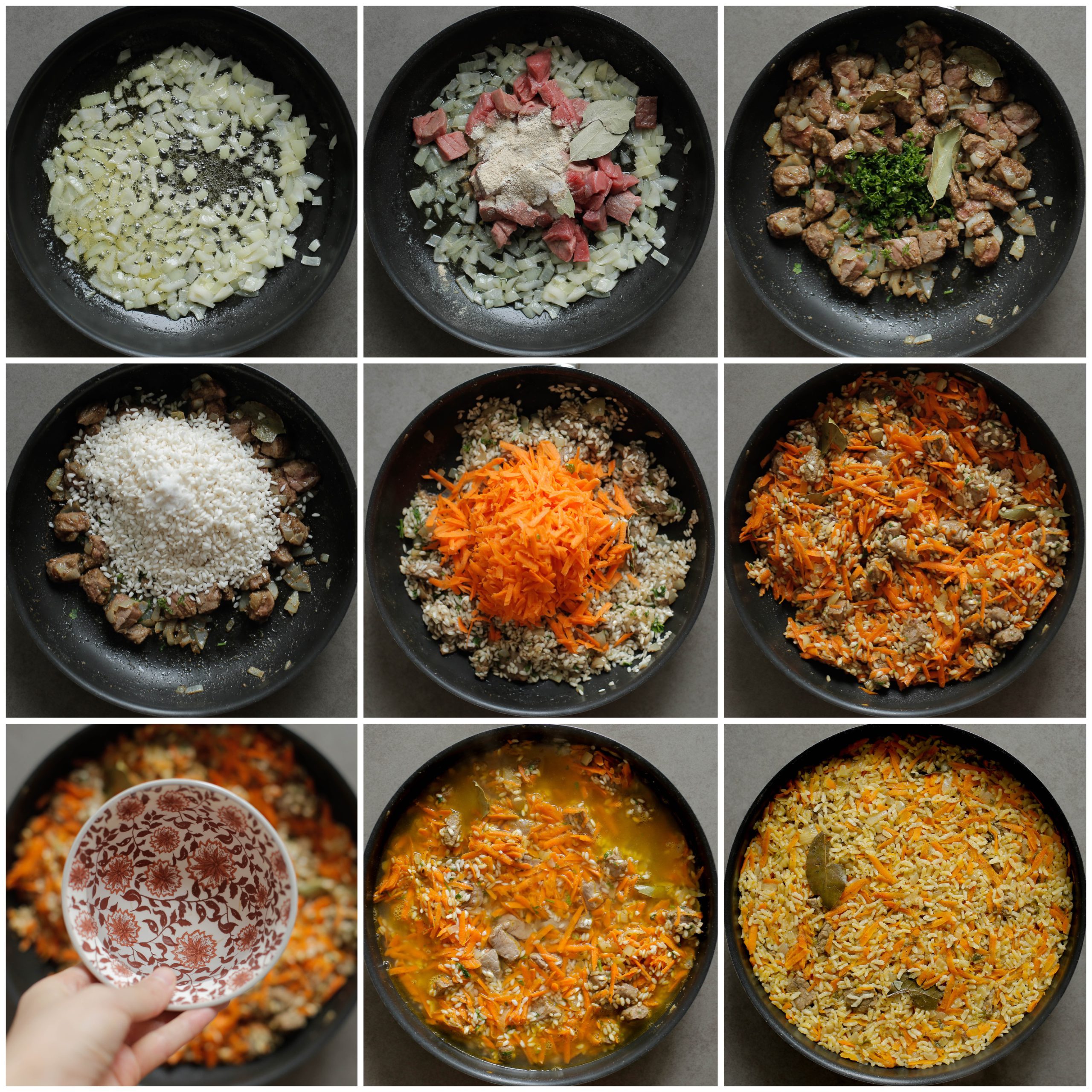 Rijst met kalfsvlees en groenten koken in een koekenpan